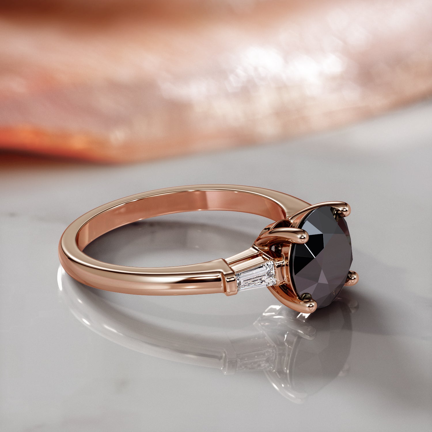 Art-Deco Natural Black Diamond Round Engagement Ring