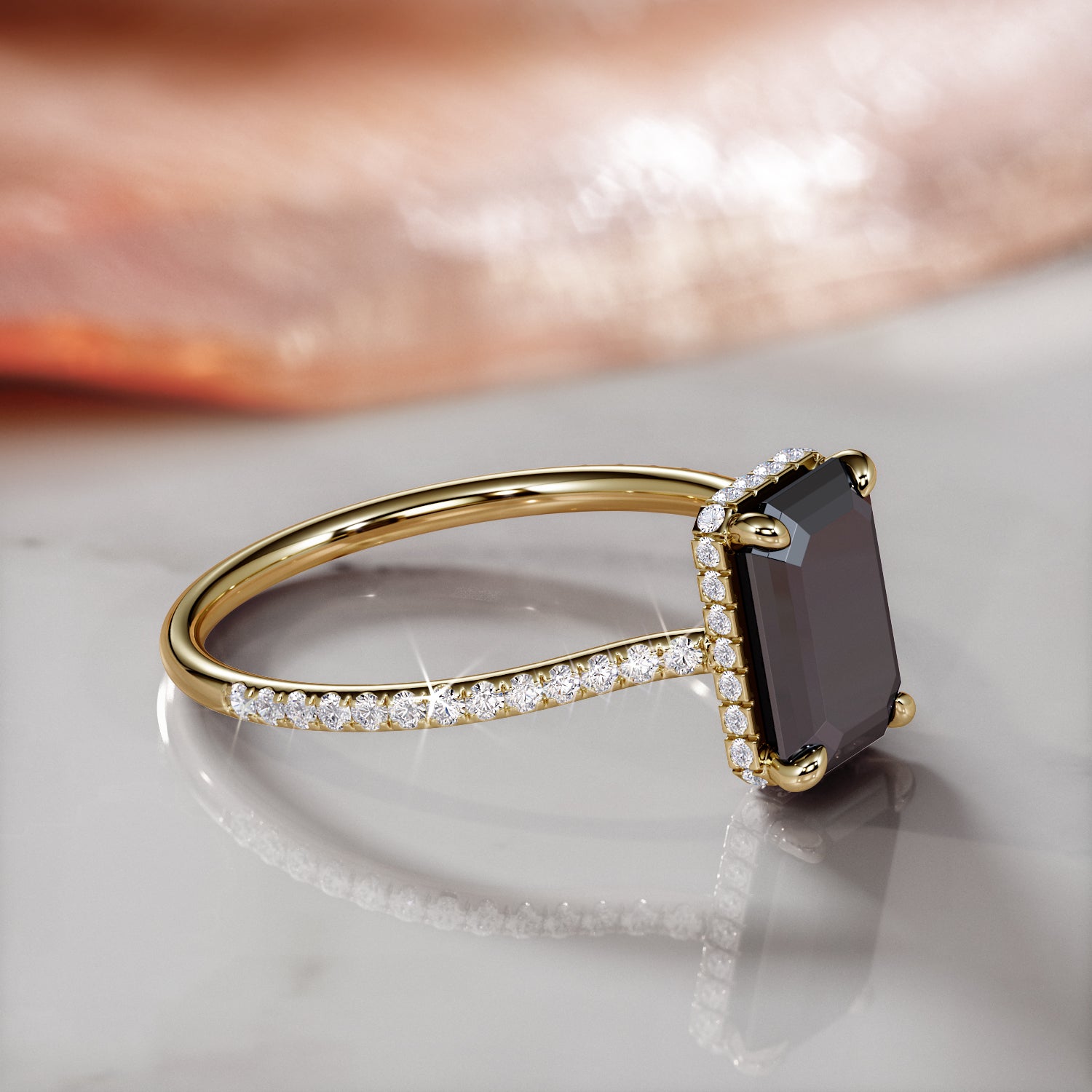 Art Deco  Natural Black Diamond Emerald Cut Engagement Ring