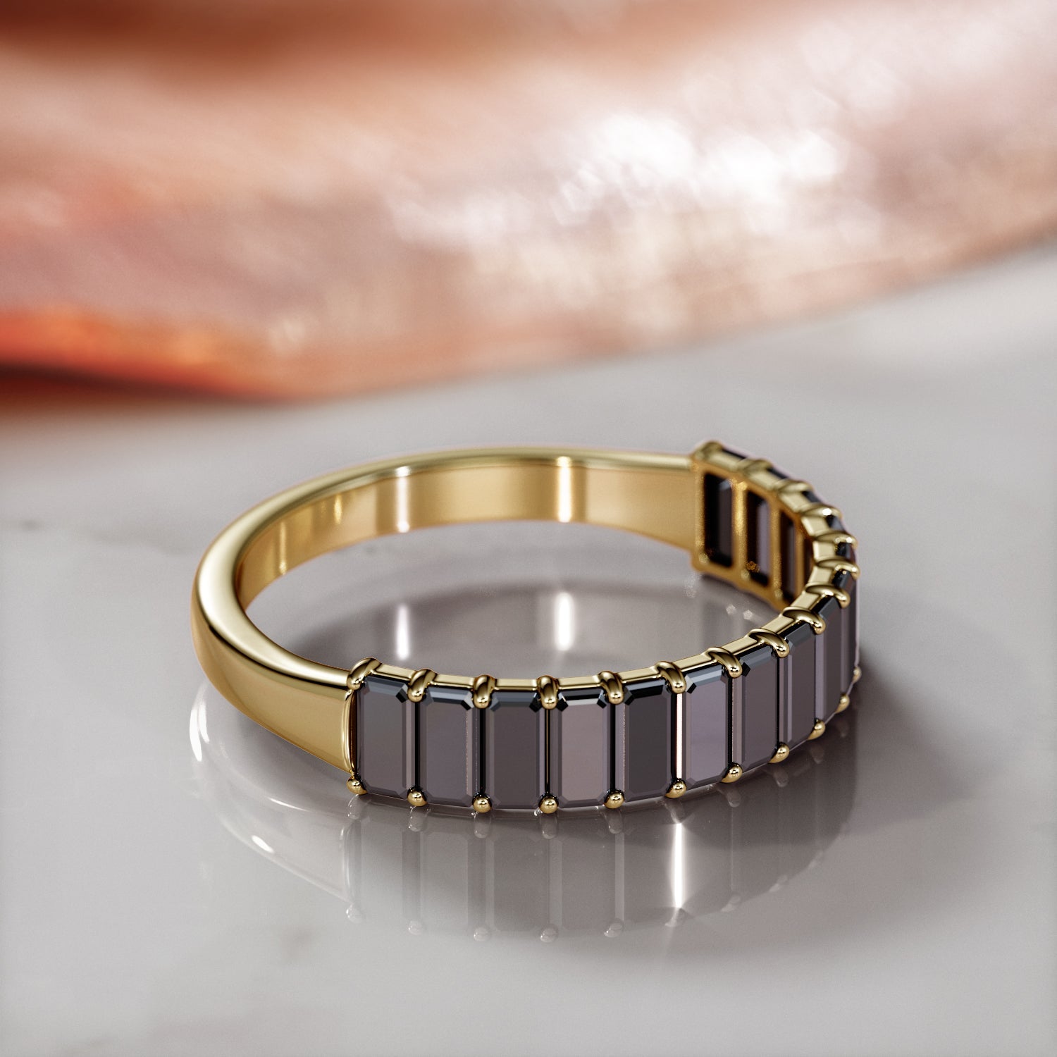 Invisible Natural Black Diamond Engagement Ring in Yellow Gold