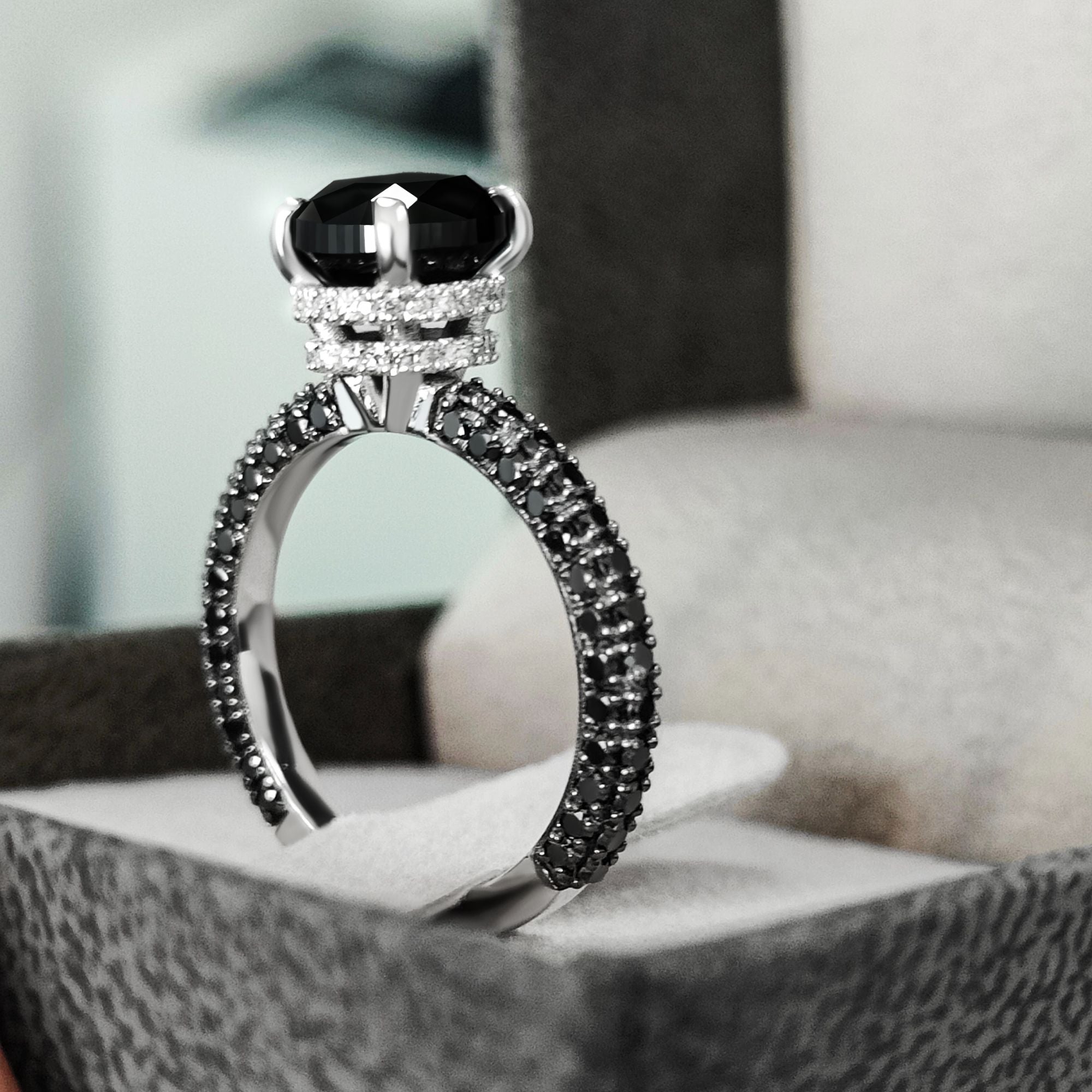 4 Carats Double Hidden Halo Natural Black Diamond Cushion Engagement Ring in White Gold