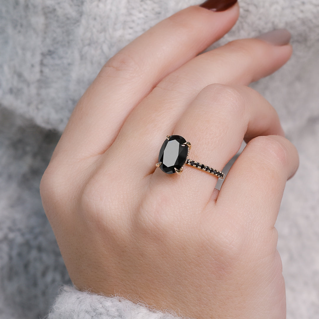 Alma Oscura - Black & White Natural Black Diamond Oval Cut Engagement Ring