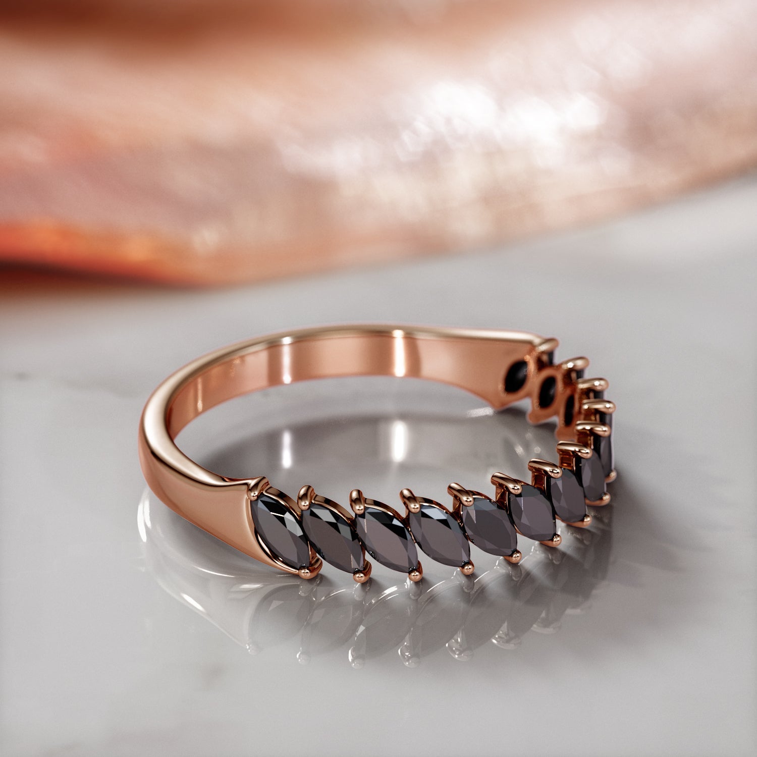 Oriented Natural Black Diamond Wedding Band in Rose Gold