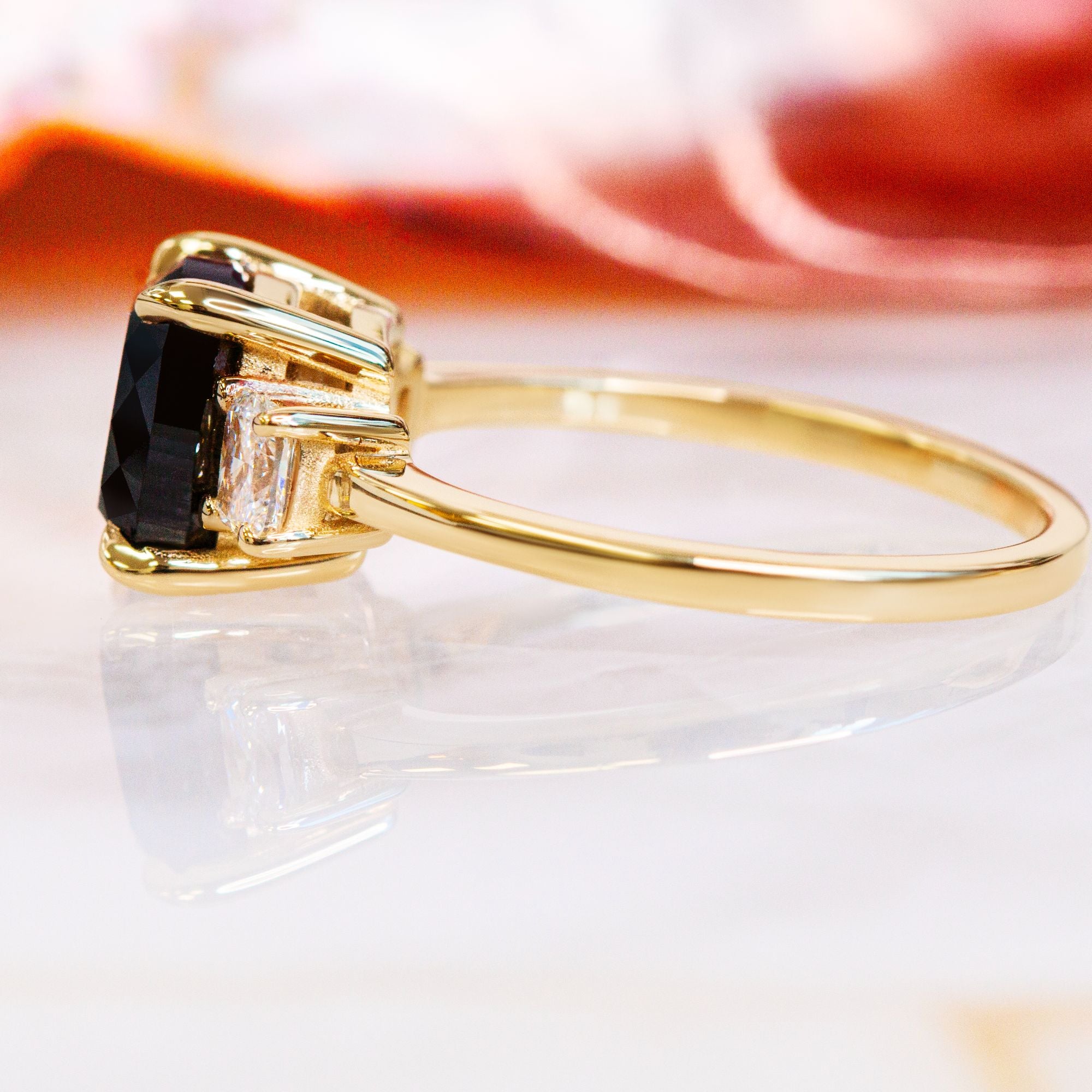 Three Stone  Natural Black Diamond Cushion Engagement Ring  in Yellow Gold