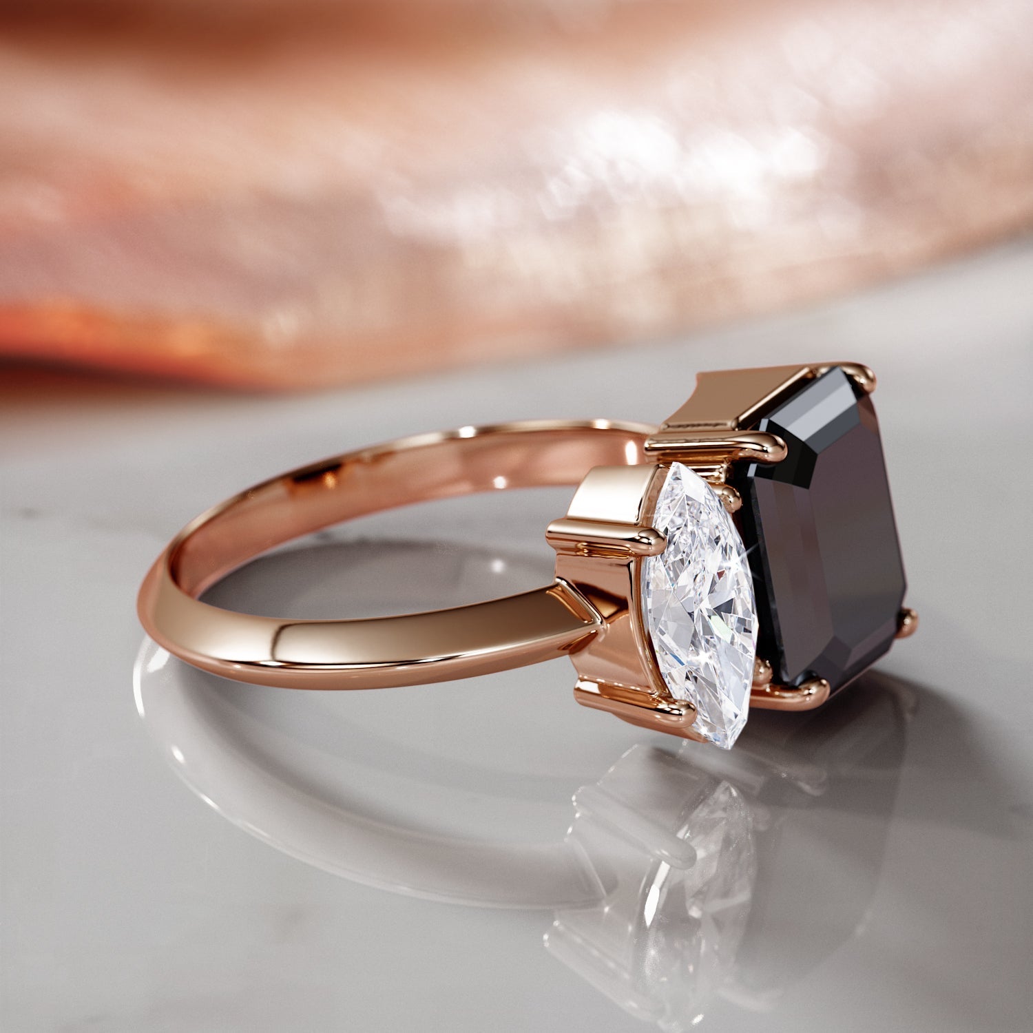 Mercury'S Moons - Two Stone  Natural Black Diamond Emerald Engagement Ring