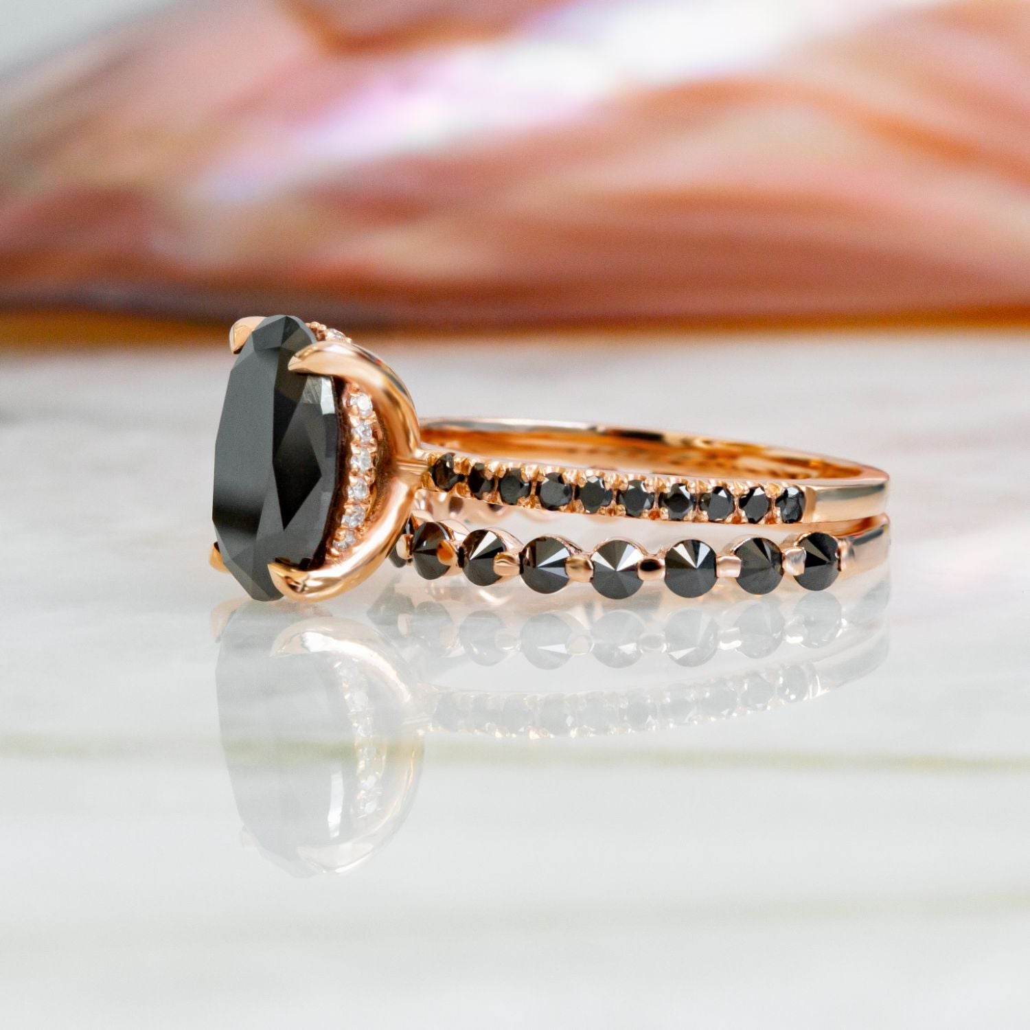 Unique Wedding Ring with Round Cut Natural Black Diamonds in Rose Gold