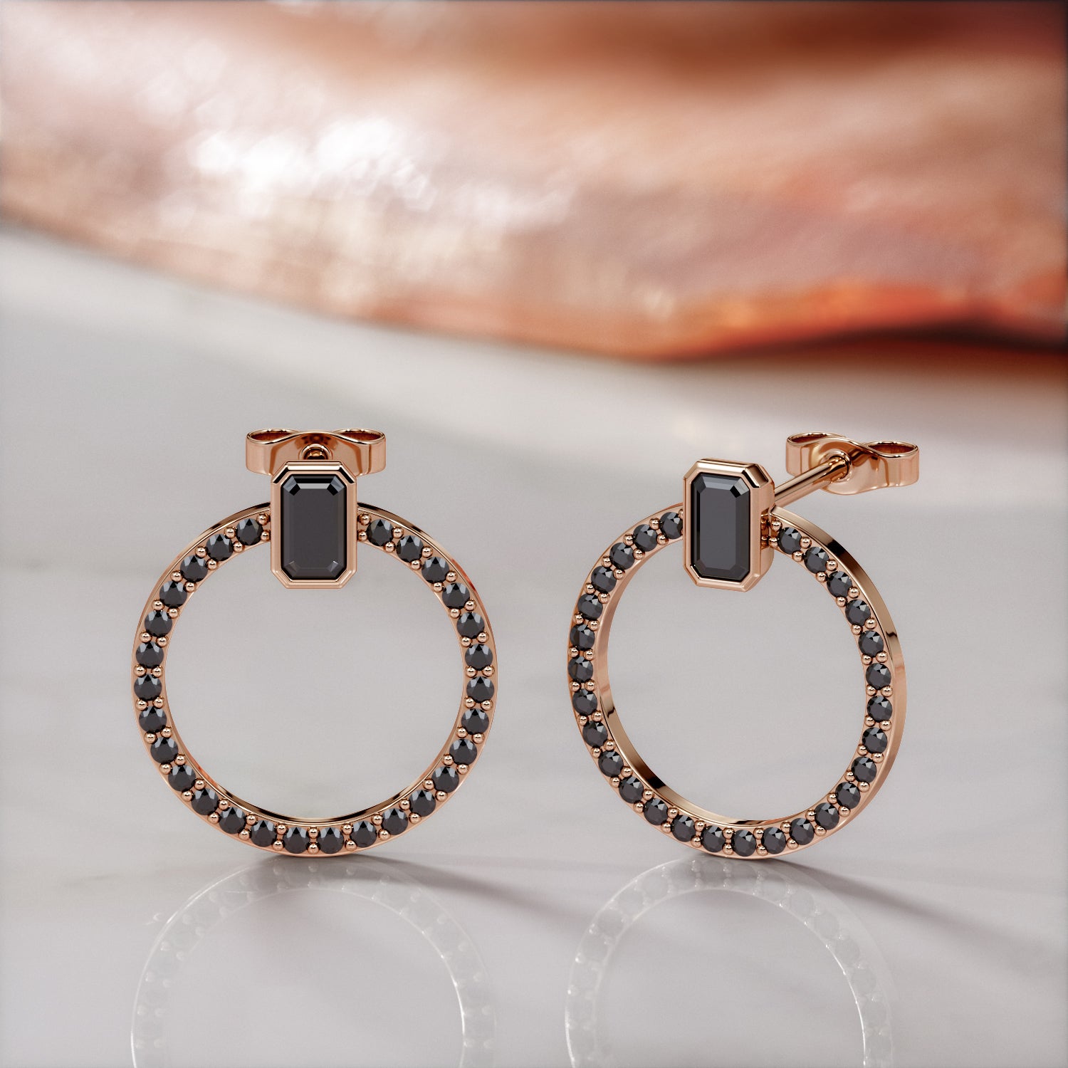 Bezel Natural Black Diamond Emerald Earrings