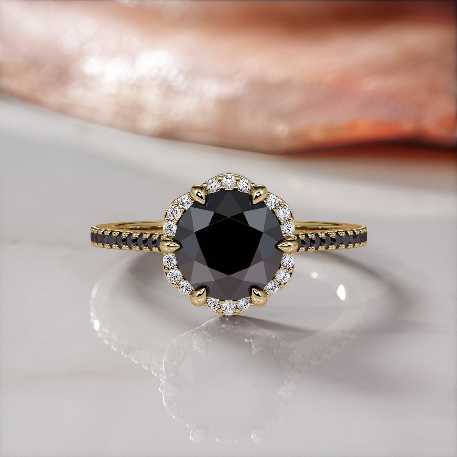 Vintage  Natural Black Diamond Round Engagement Ring