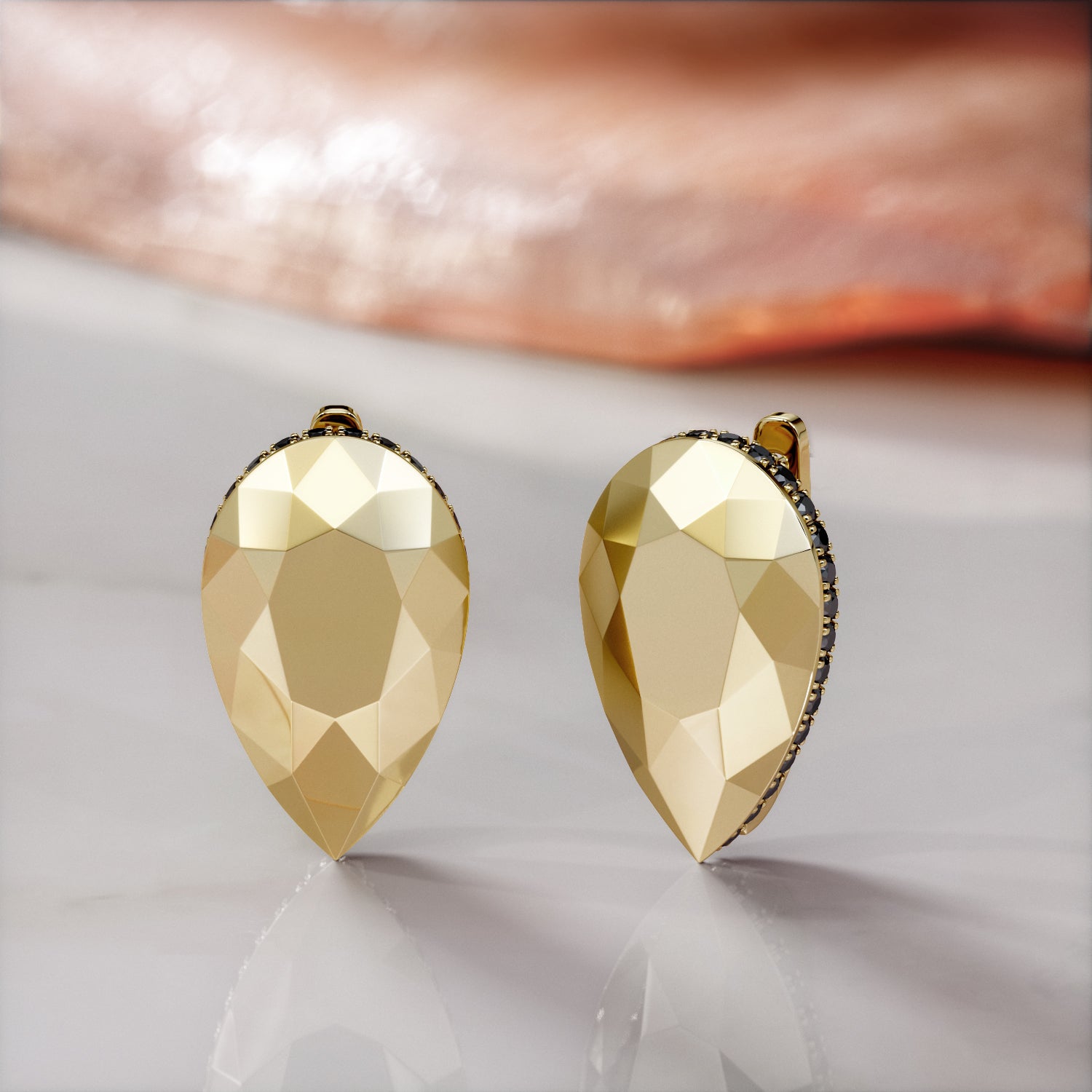 Edgy Faceted Natural Black Diamond Lever Back Pear Shaped Earrings