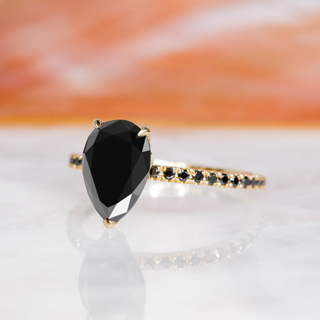 Unique  Natural Black Diamond Pear Engagement Ring