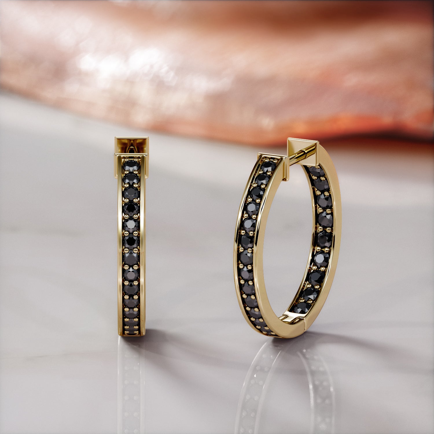 1 Carats black diamonds  Rose / Yellow Gold Earrings