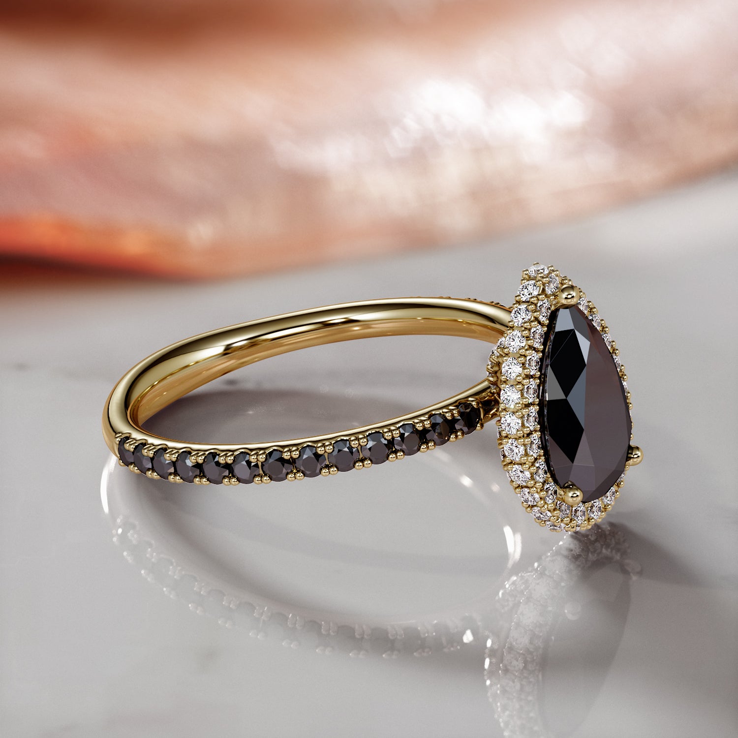 Double Halo  Natural Black Diamond Pear Engagement Ring