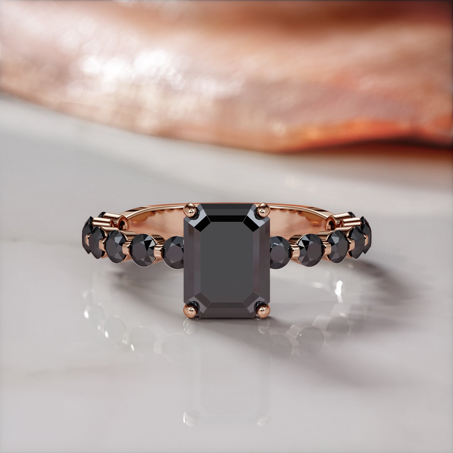Art-Deco Natural Black Diamond Emerald Engagement Ring