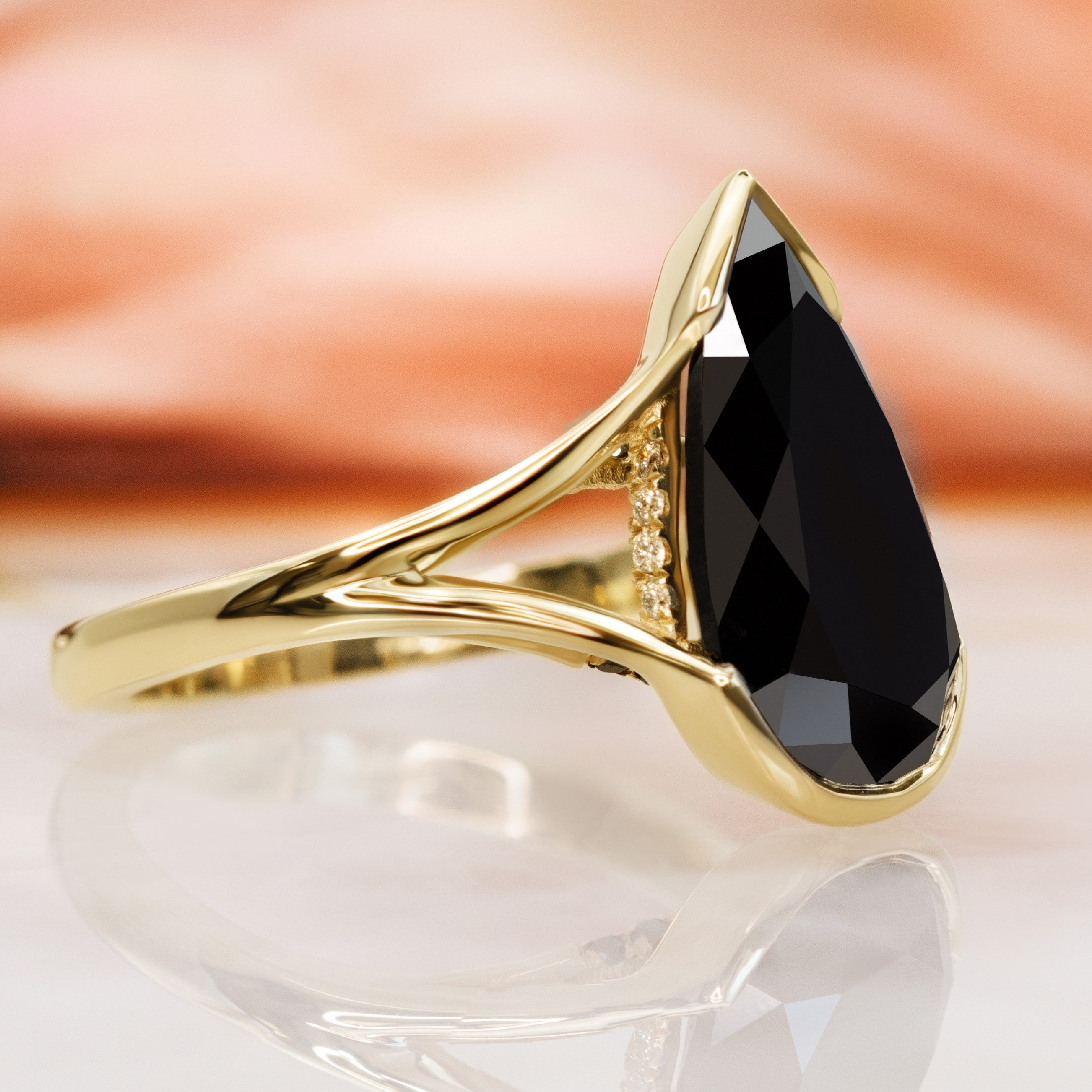 Semi Bezel Natural Black Diamond Elongated Pear Engagement Ring in Yellow Gold