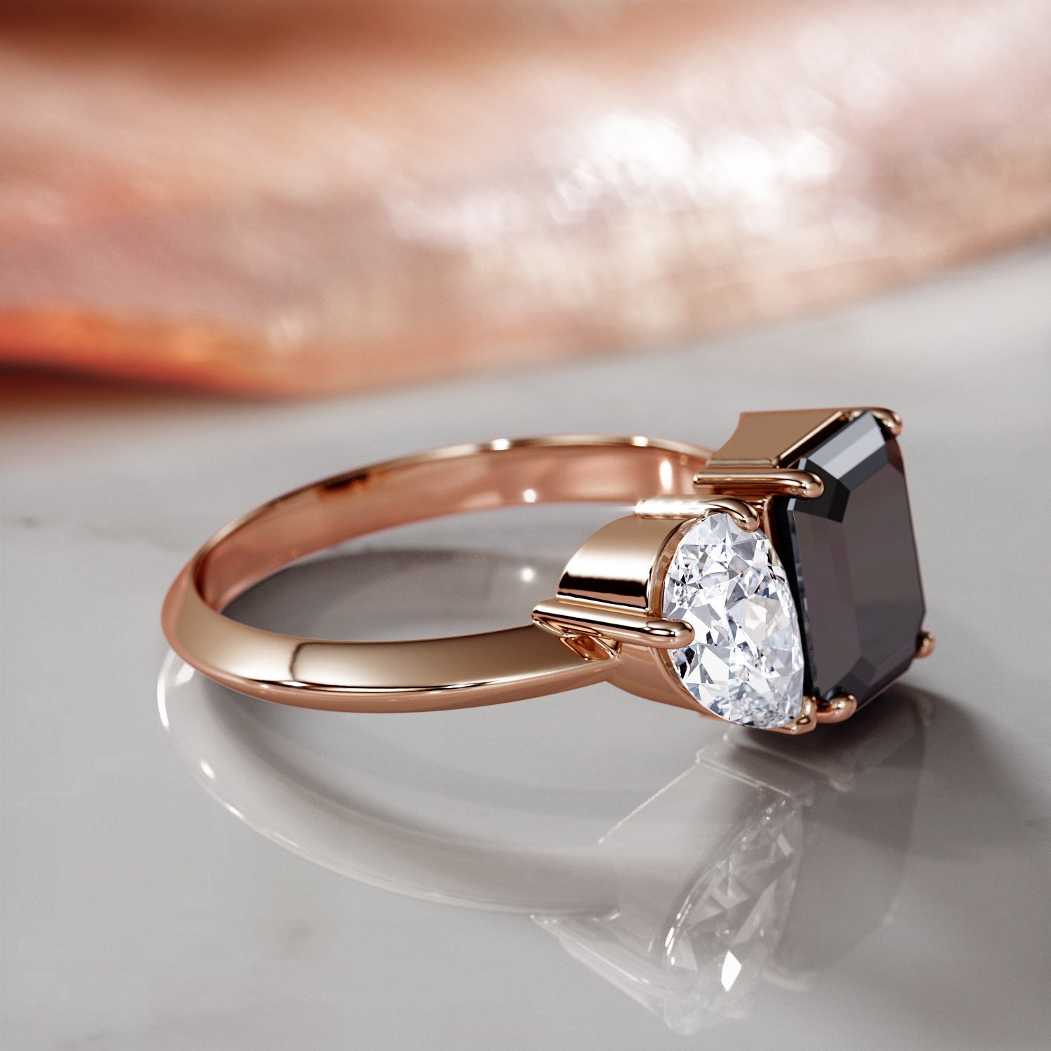 Two Stone  Natural Black Diamond Emerald Cut Engagement Ring  in Rose Gold