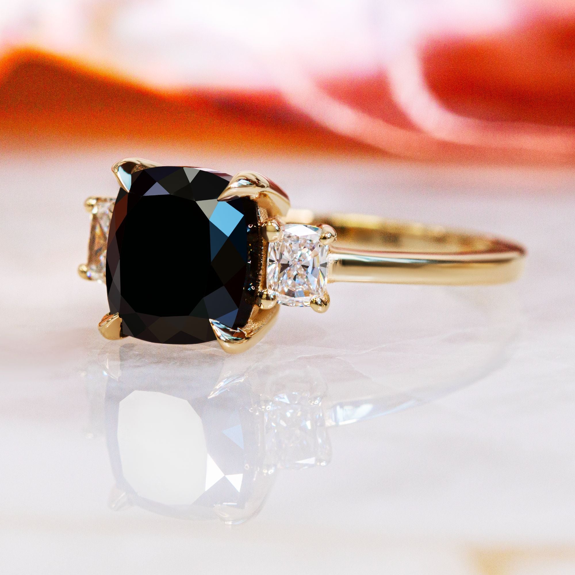 Three Stone  Natural Black Diamond Cushion Engagement Ring  in Yellow Gold