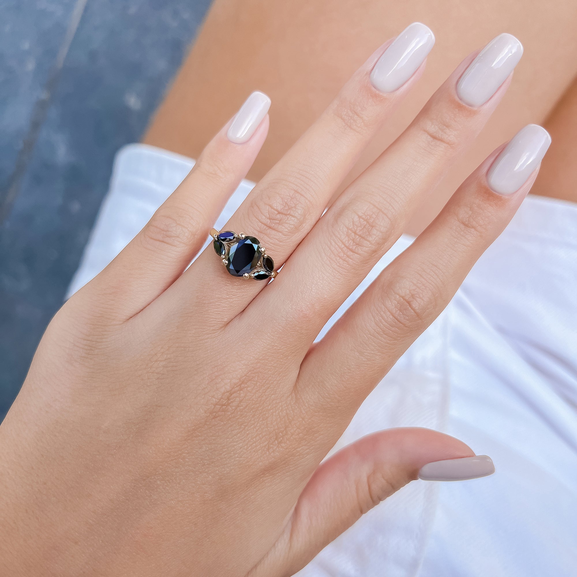 Art Deco  Natural Black Diamond Oval Engagement Ring