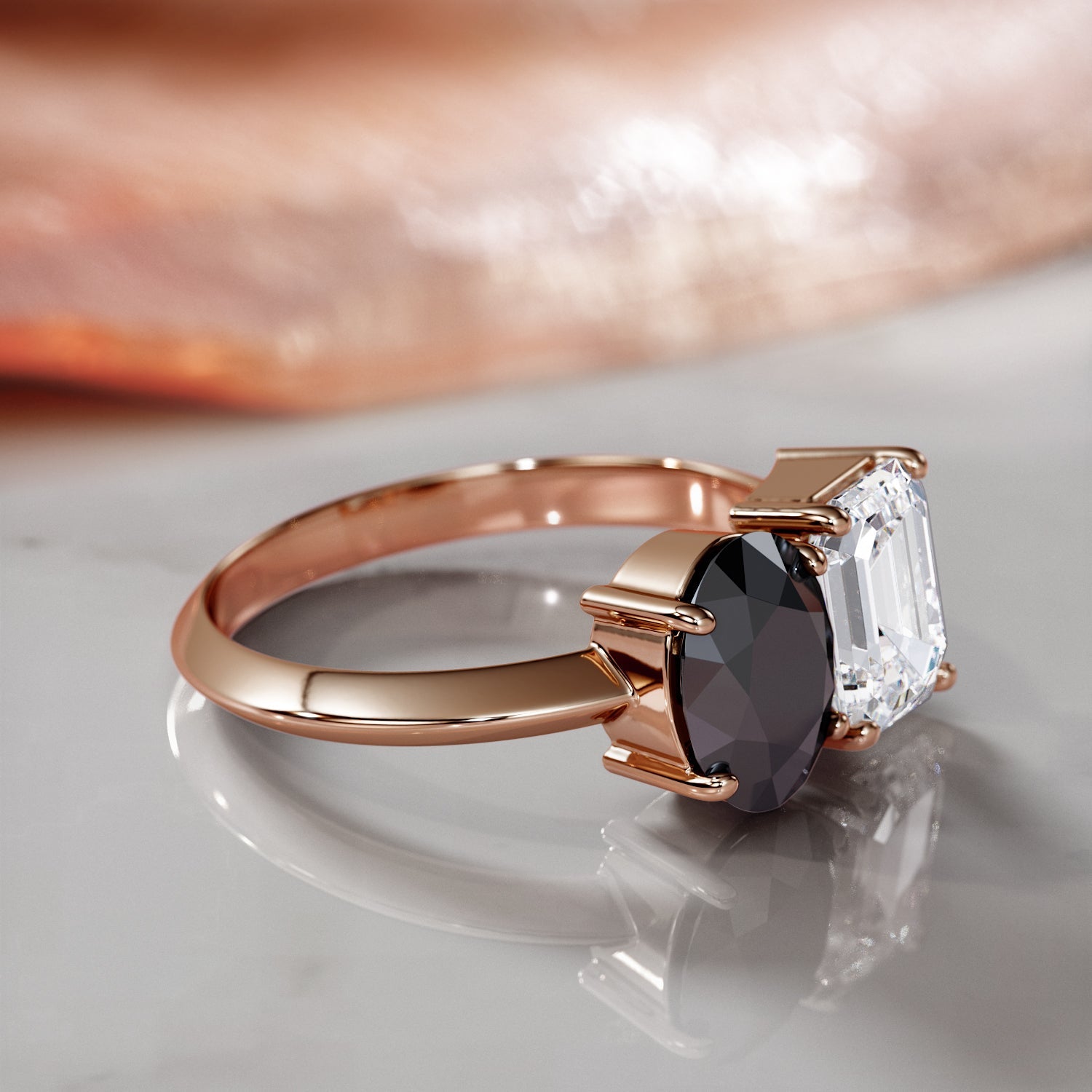 Two Stone  Natural Black Diamond Oval Engagement Ring  in Rose Gold