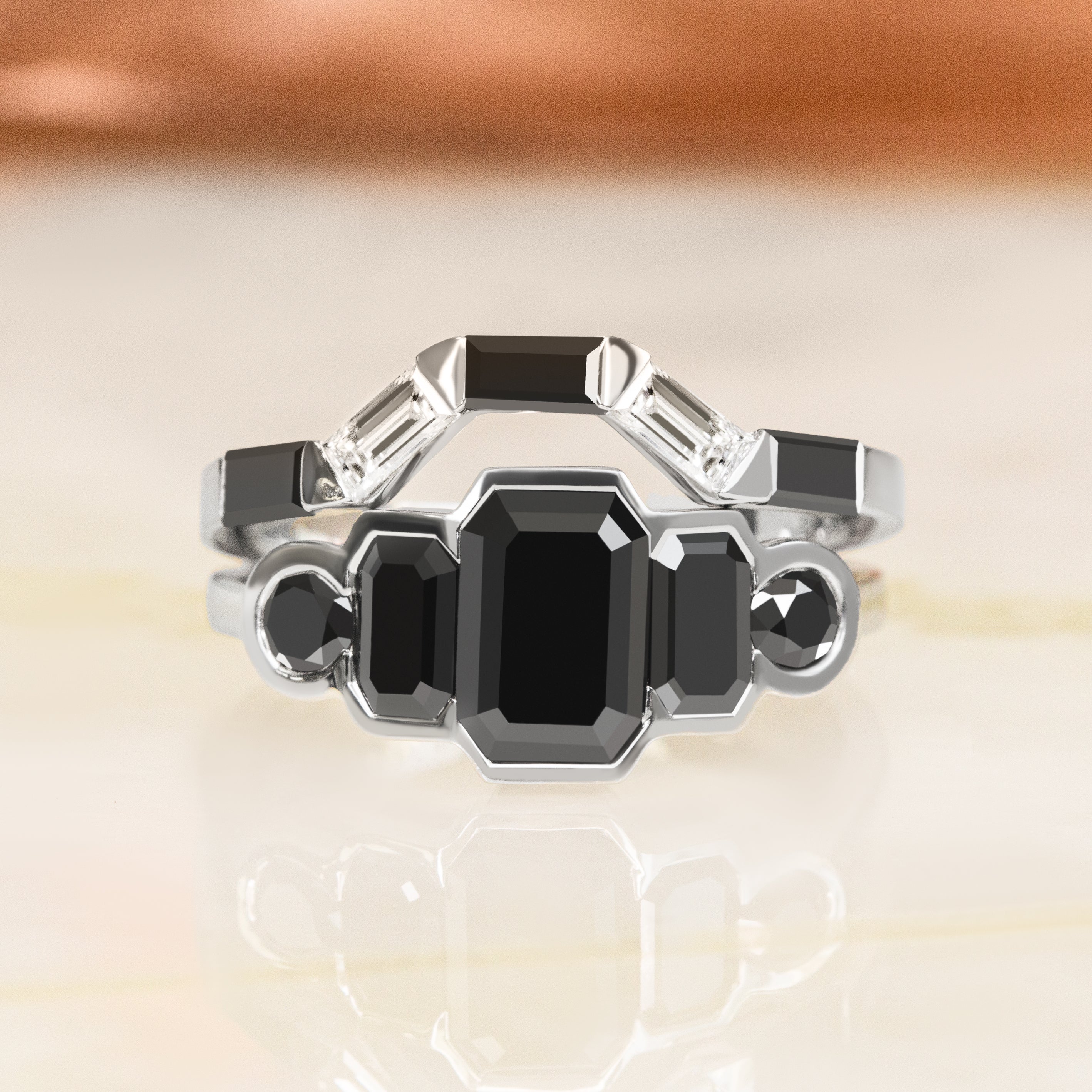 White Light - Trapezed  Natural Black Diamond Ring Set With Baguette Cut Diamonds