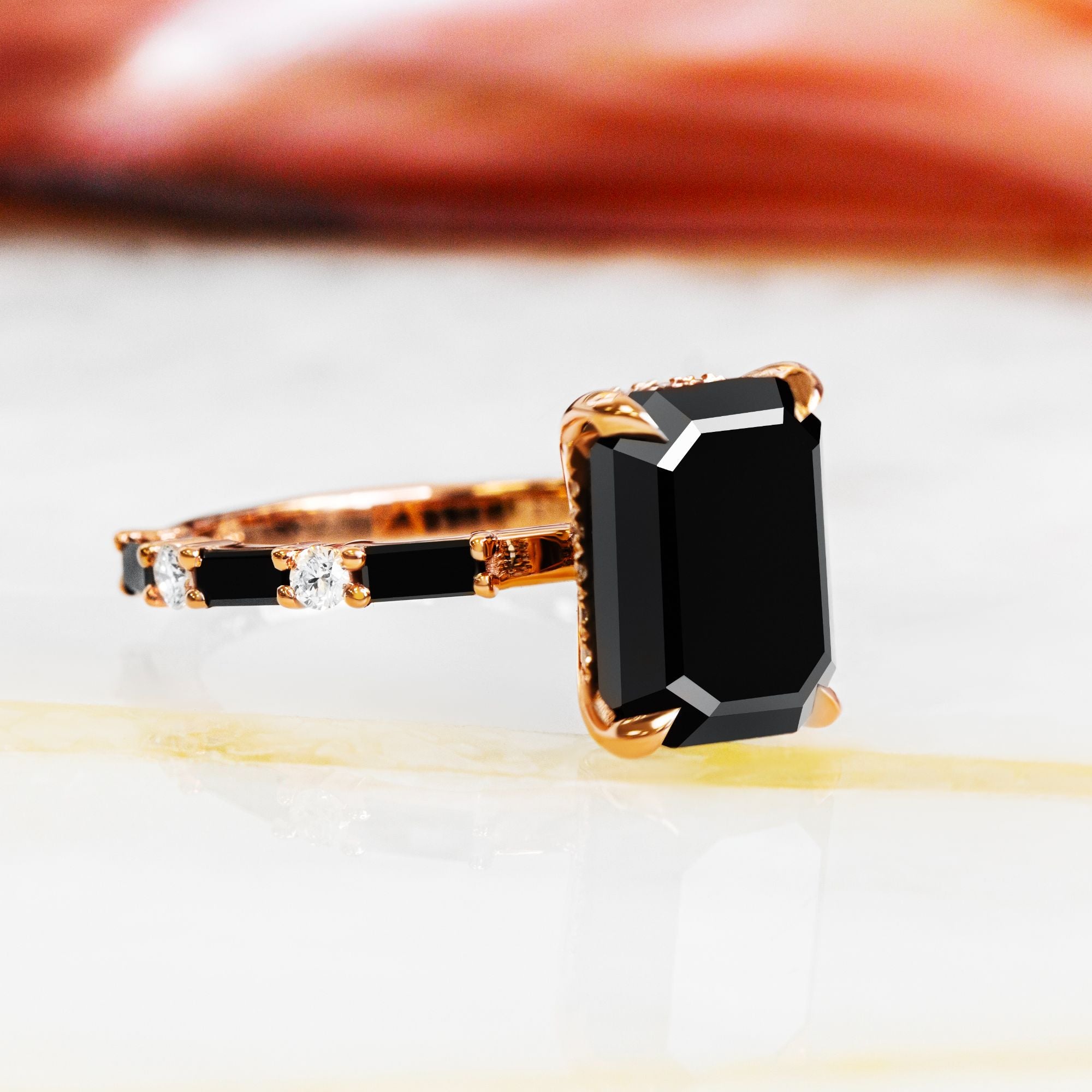 Art Deco Natural Black Diamond Emerald Cut Engagement Ring