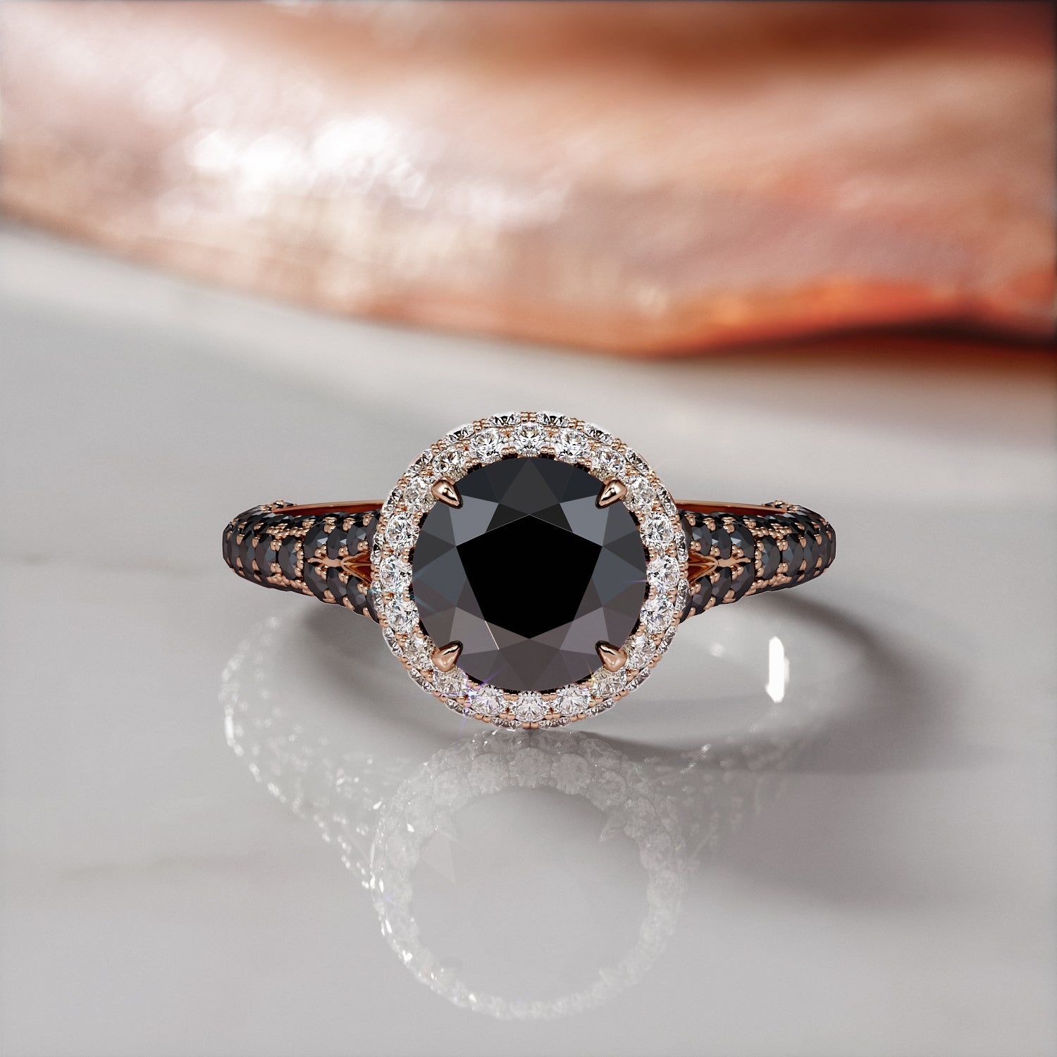 Double Halo Natural Black Diamond Round Engagement Ring