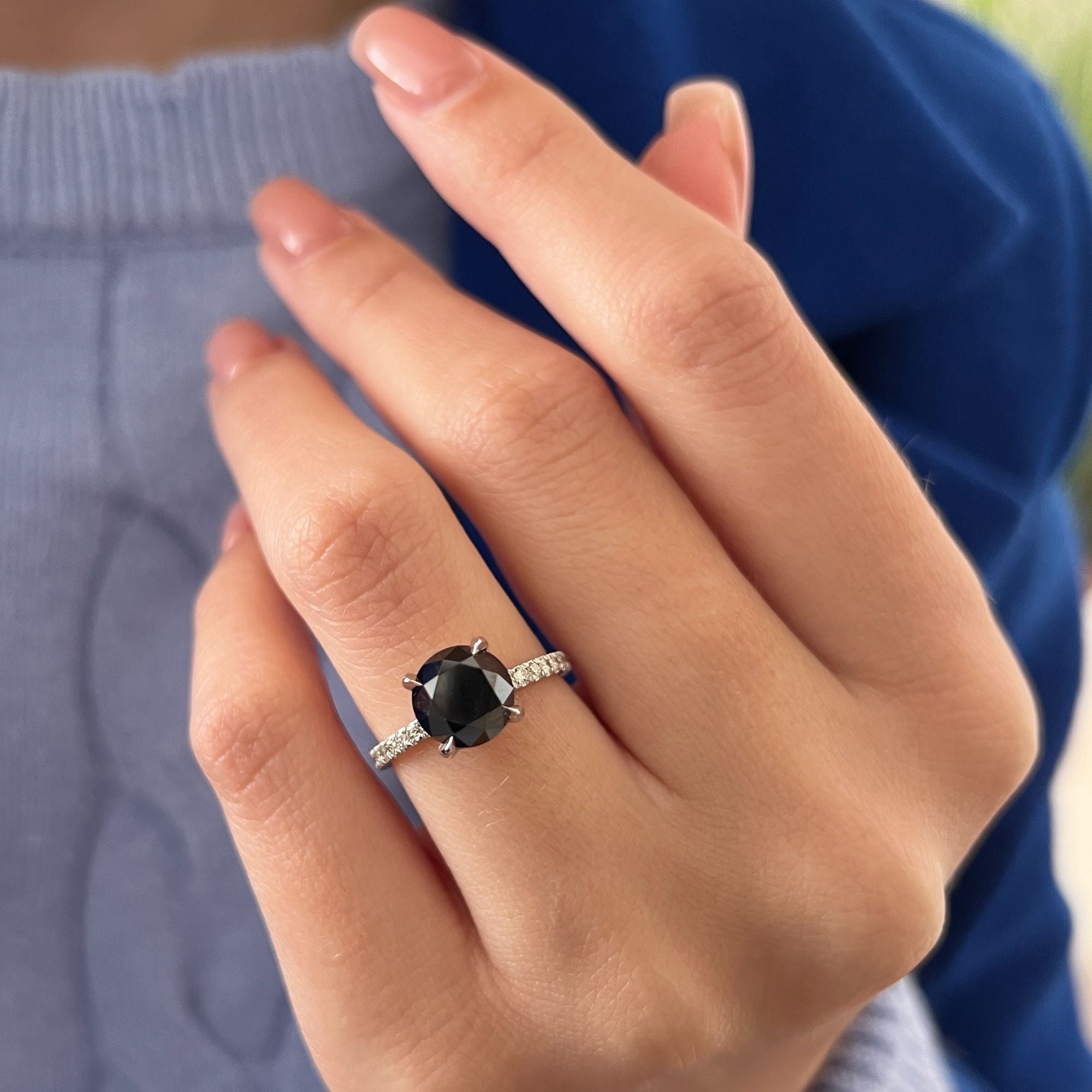 Black & White   Natural Black Diamond Round Engagement Ring  in White  Gold
