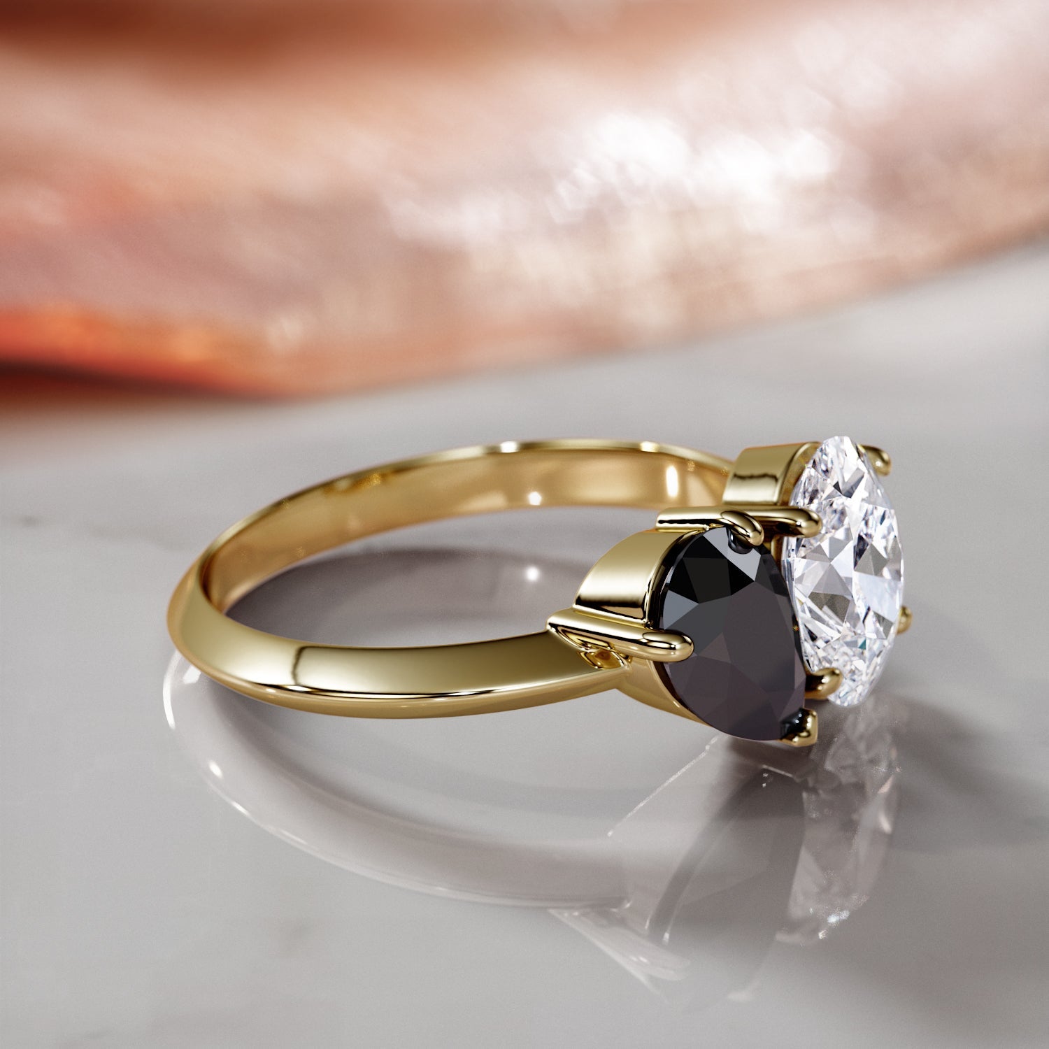 Two Stone Natural Black Diamond Pear Engagement Ring in Yellow Gold