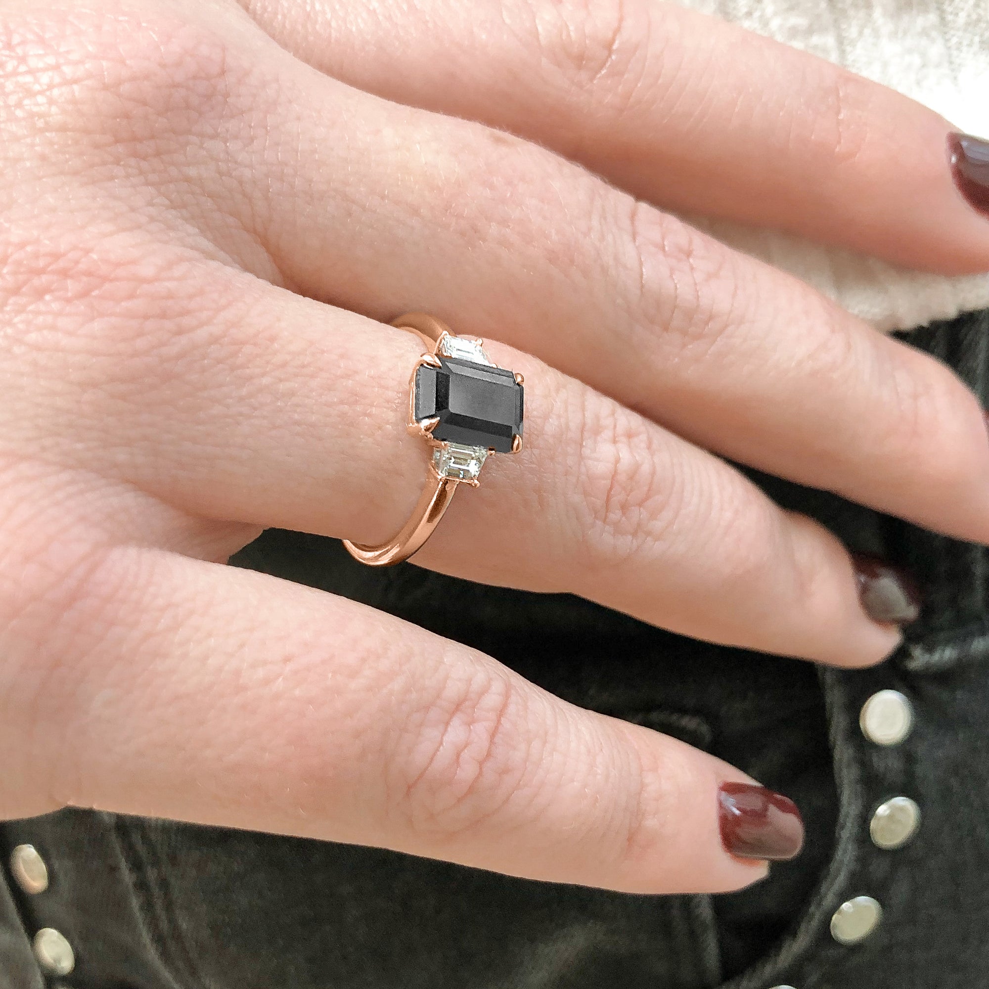 Noir Romance Art Deco Black & White Natural Diamond Emerald Cut Engagement Ring