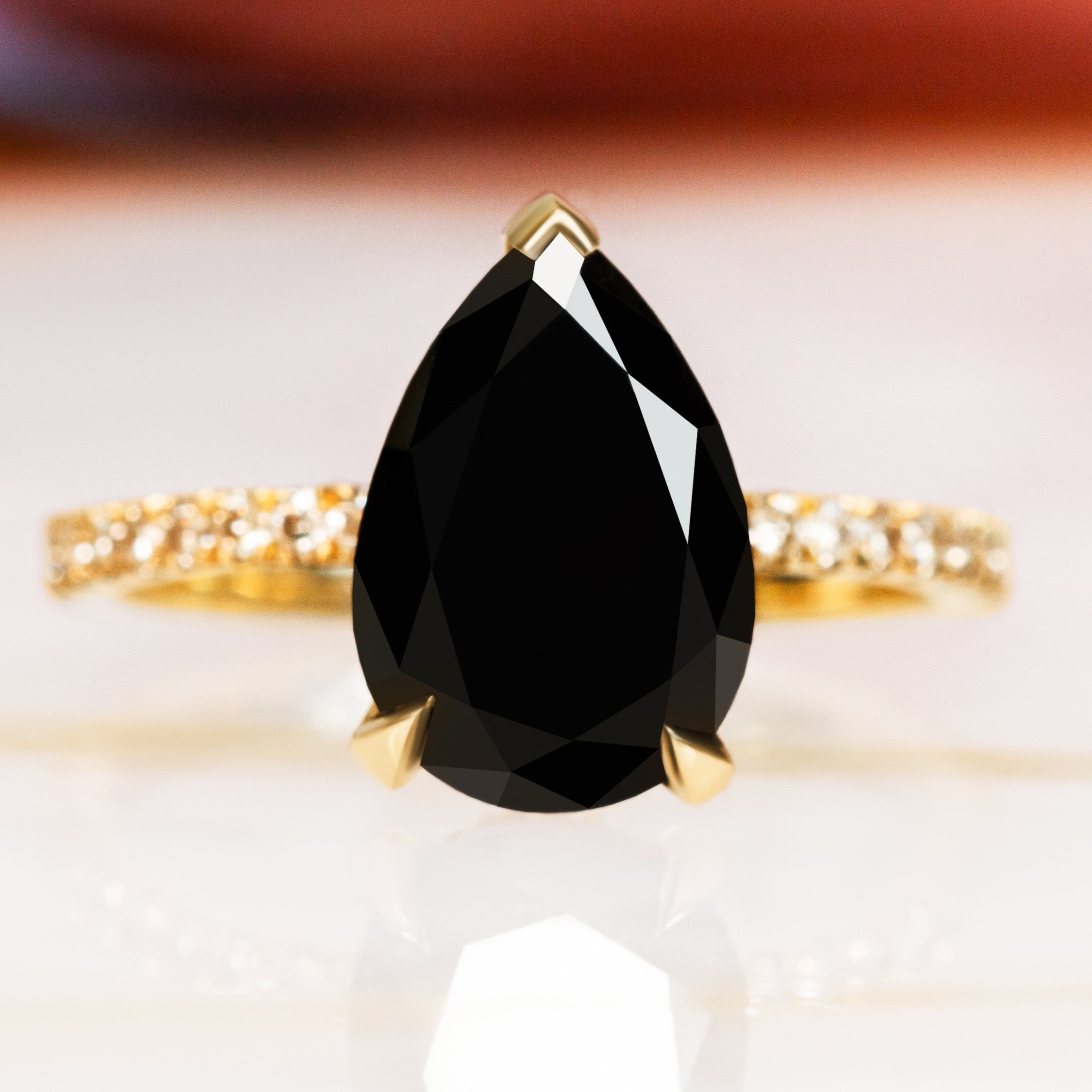 Hidden Halo Natural Black Diamond Pear Engagement Ring in Yellow Gold