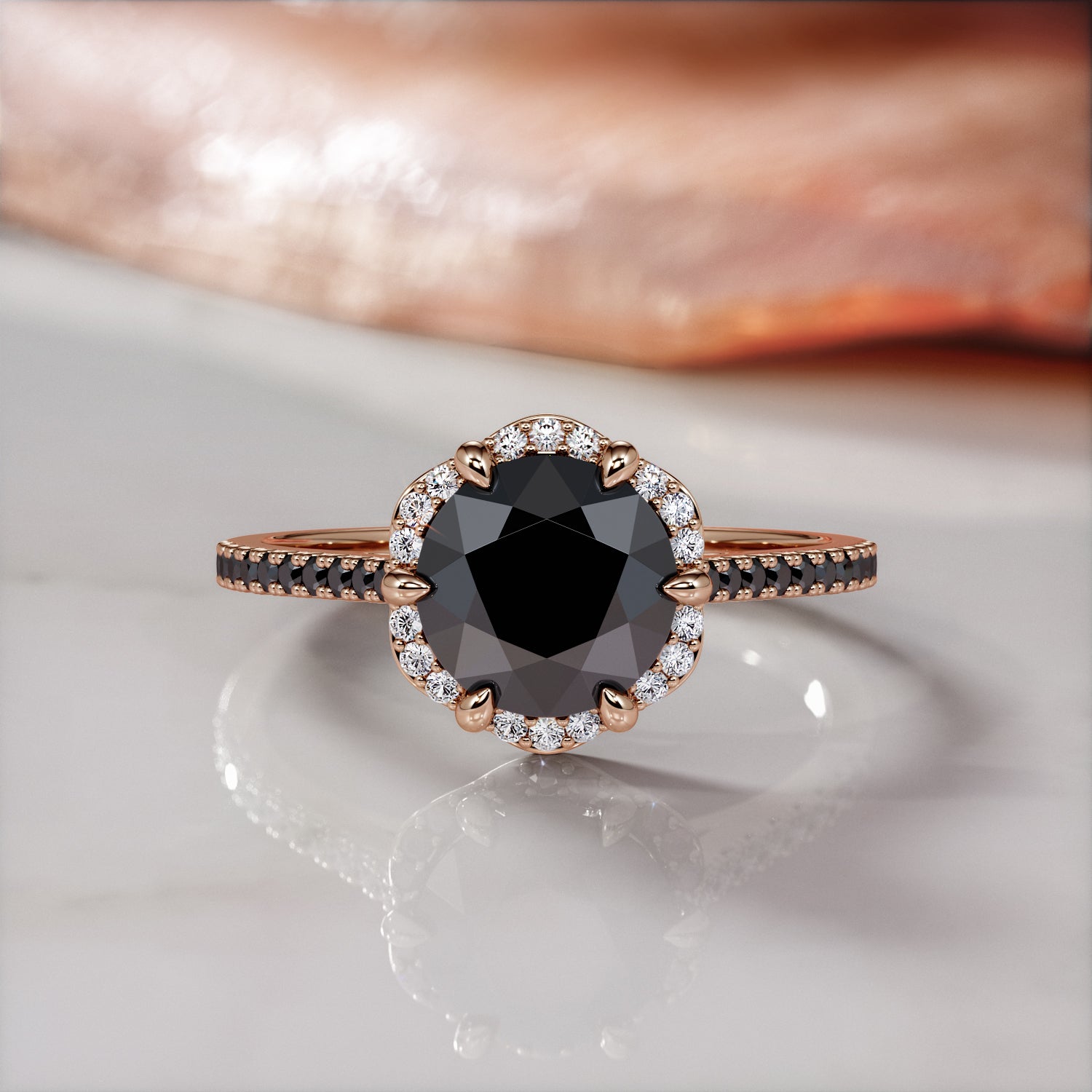 Vintage  Natural Black Diamond Round Engagement Ring