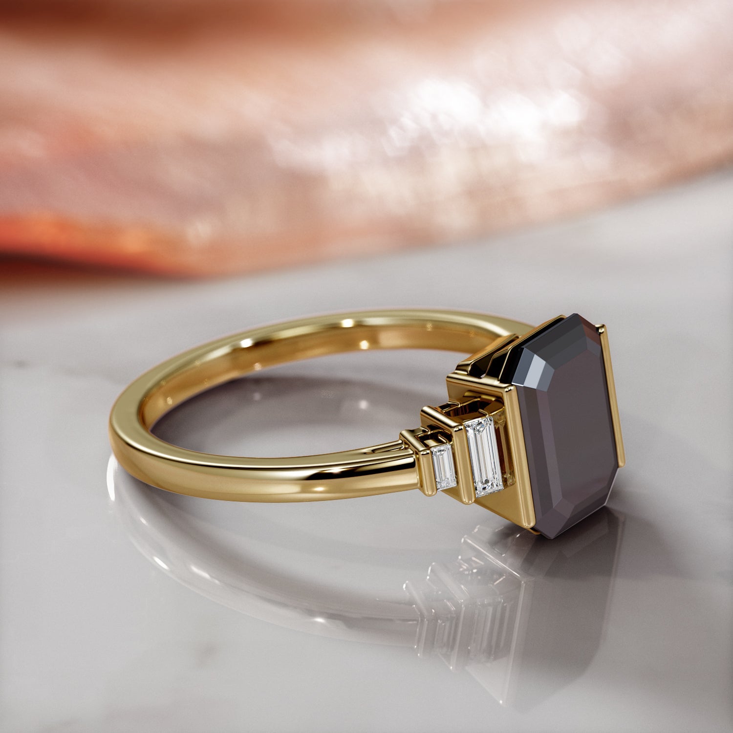 Art Deco  Natural Black Diamond Emerald Engagement Ring in Yellow Gold