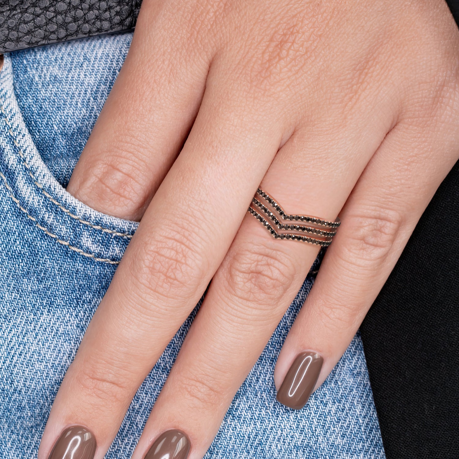 Three-Stripe Natural Black Diamond Wedding RIng