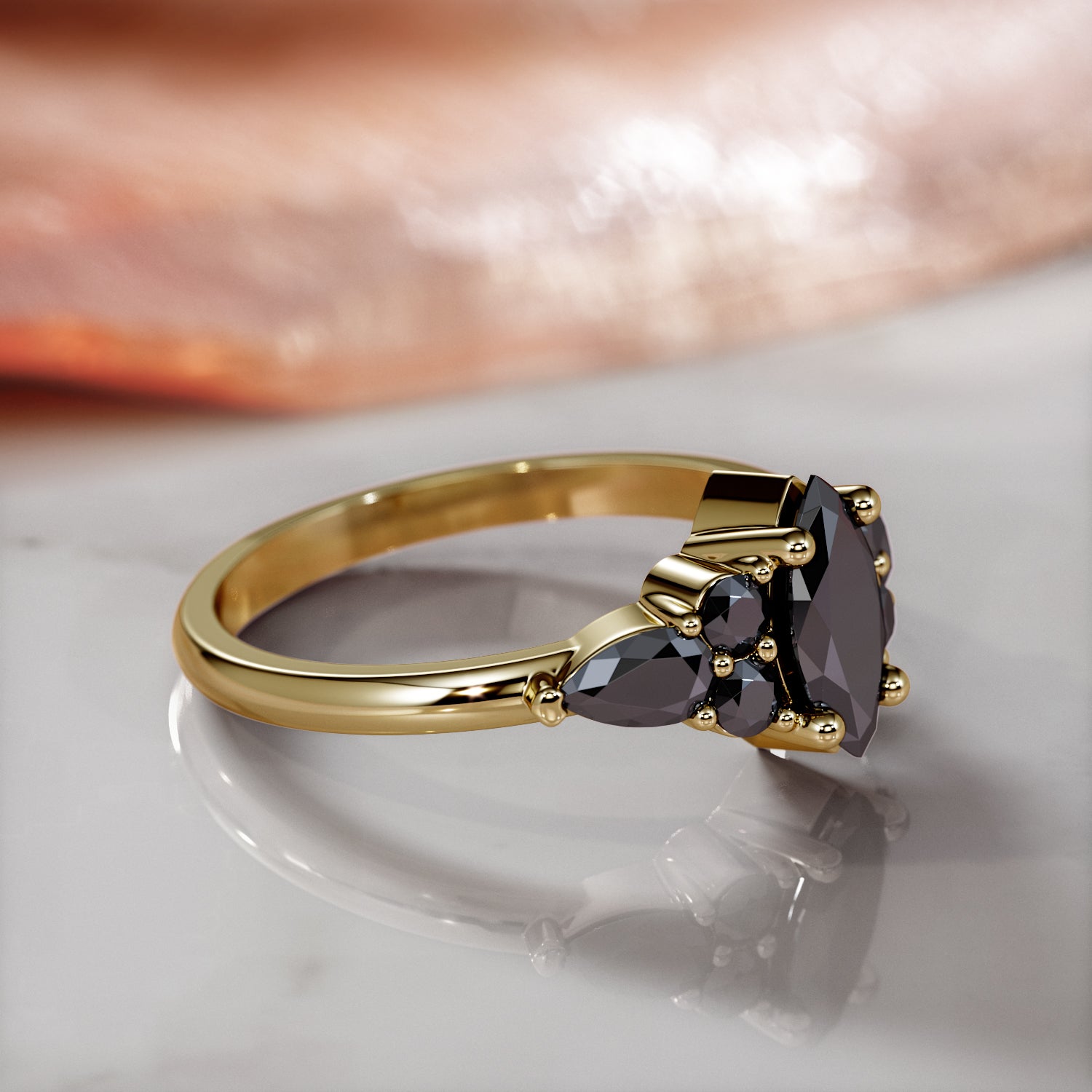 Art Deco  Natural Black Diamond Marquise Engagement Ring in Yellow Gold