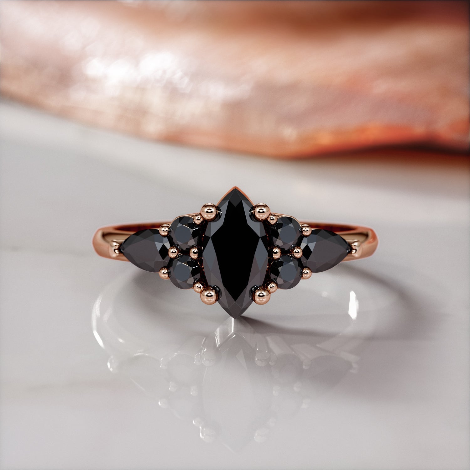 Art Deco  Natural Black Diamond Marquise Engagement Ring  in Rose Gold