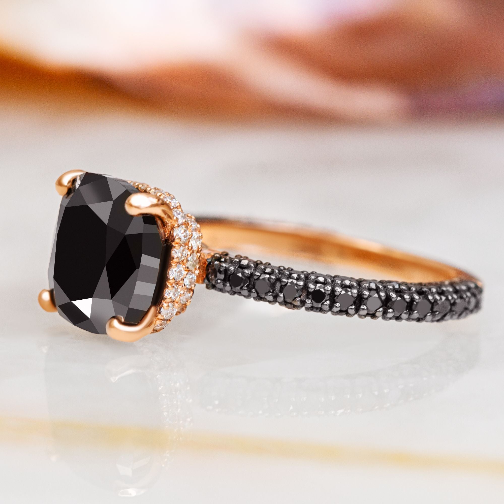 6.44 Carats Three-Sided Band Natural Black Diamond Cushion Engagement Ring