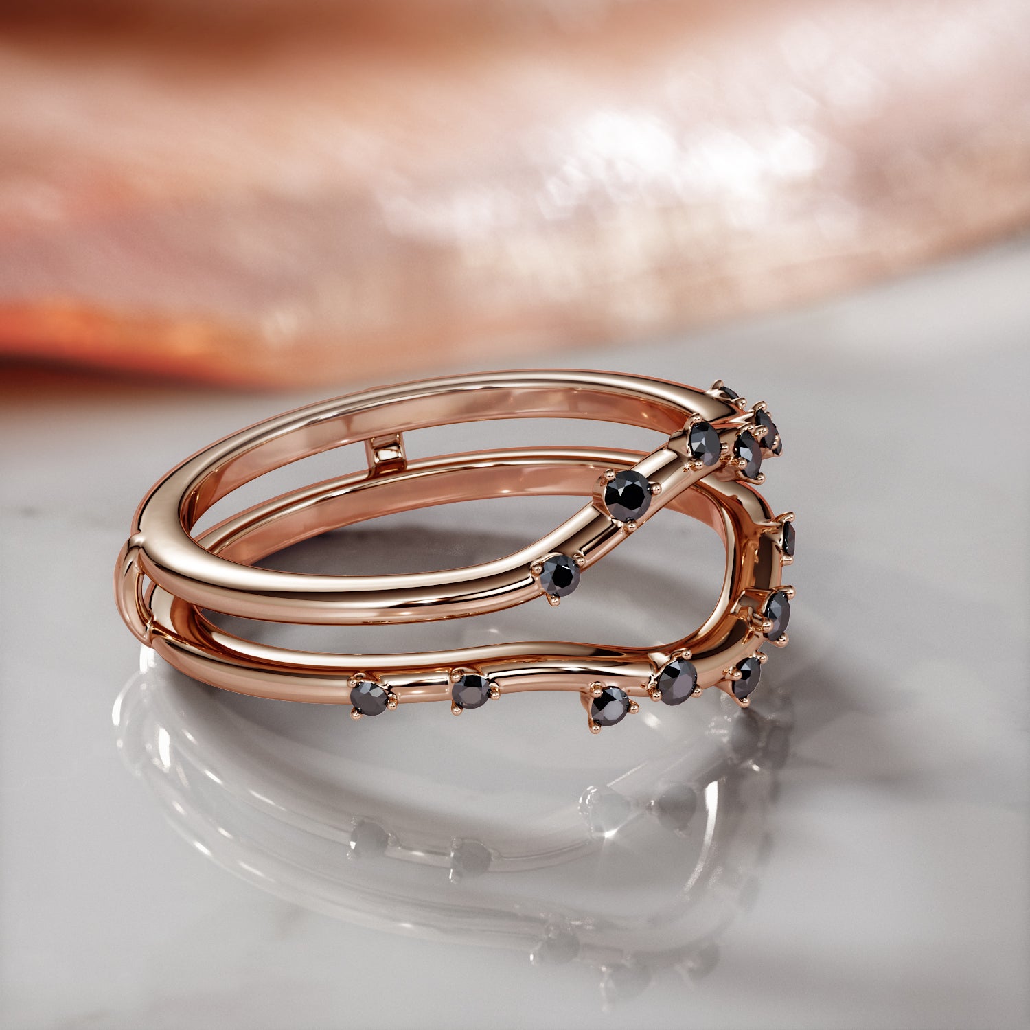 Double Band Natural Black Diamond Wedding Band