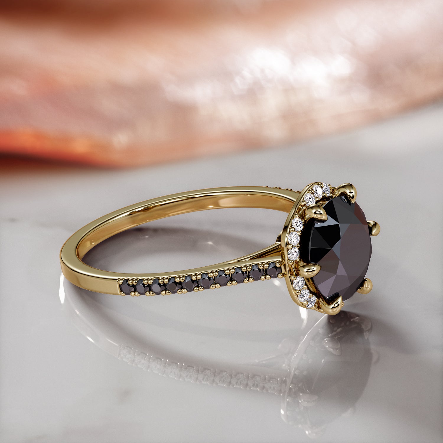 Vintage  Natural Black Diamond Round Engagement Ring