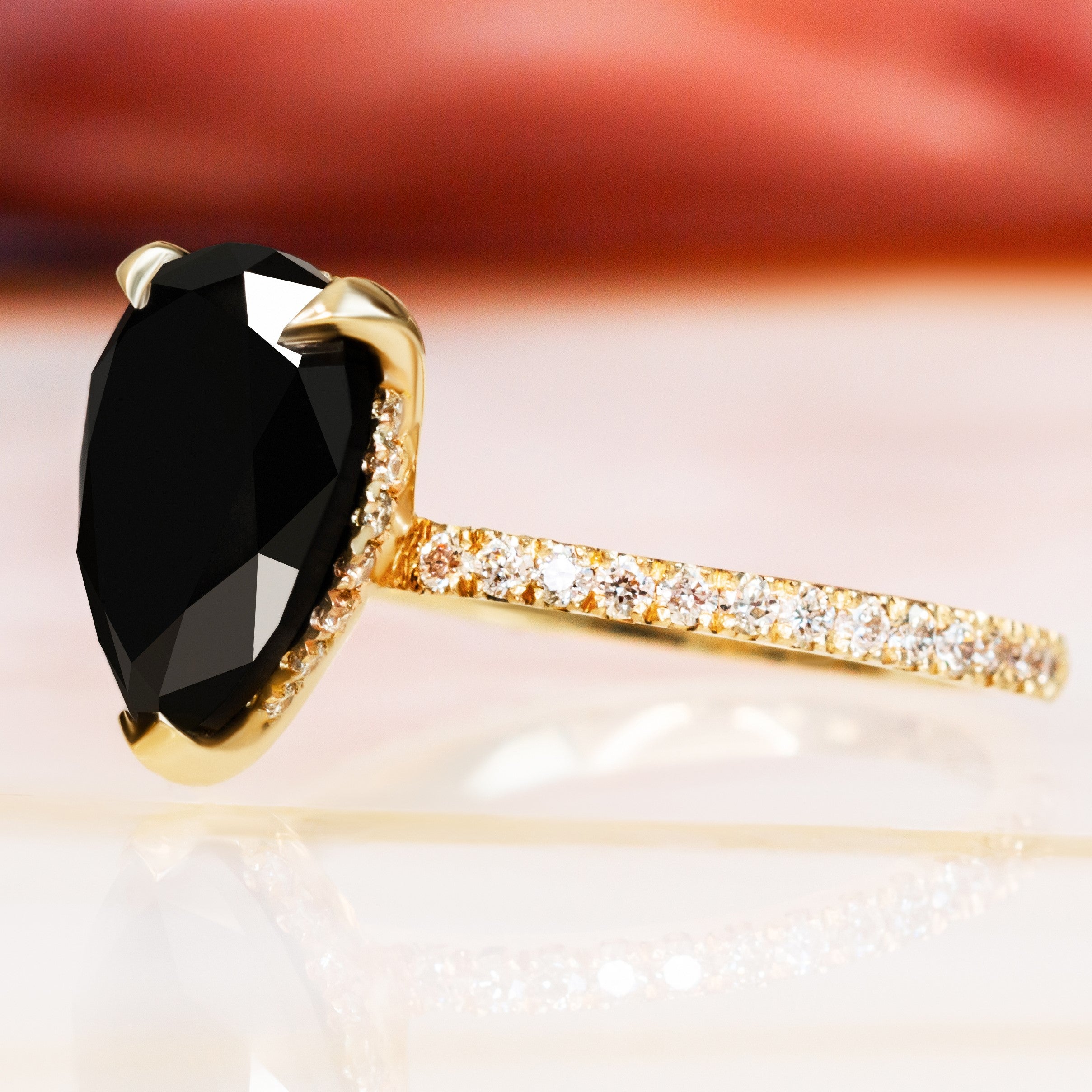 Hidden Halo Natural Black Diamond Pear Engagement Ring in Yellow Gold