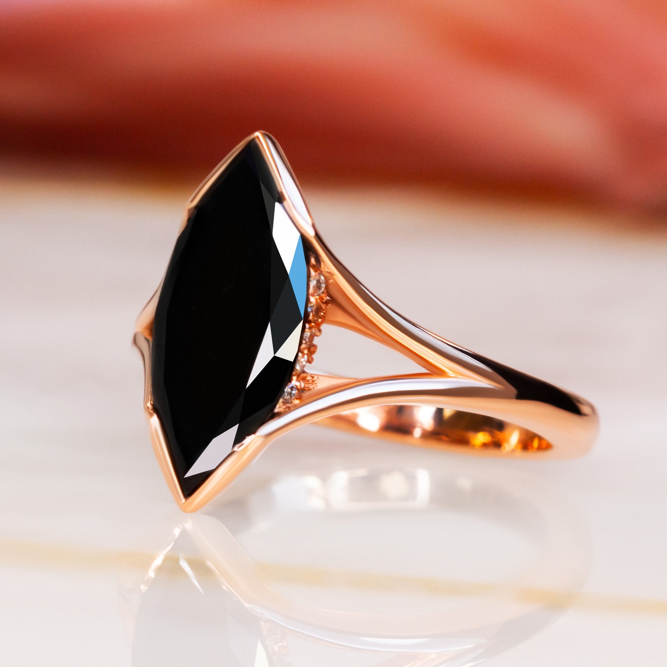 Art Deco  Natural Black Diamond Marquise Engagement Ring in Rose  Gold