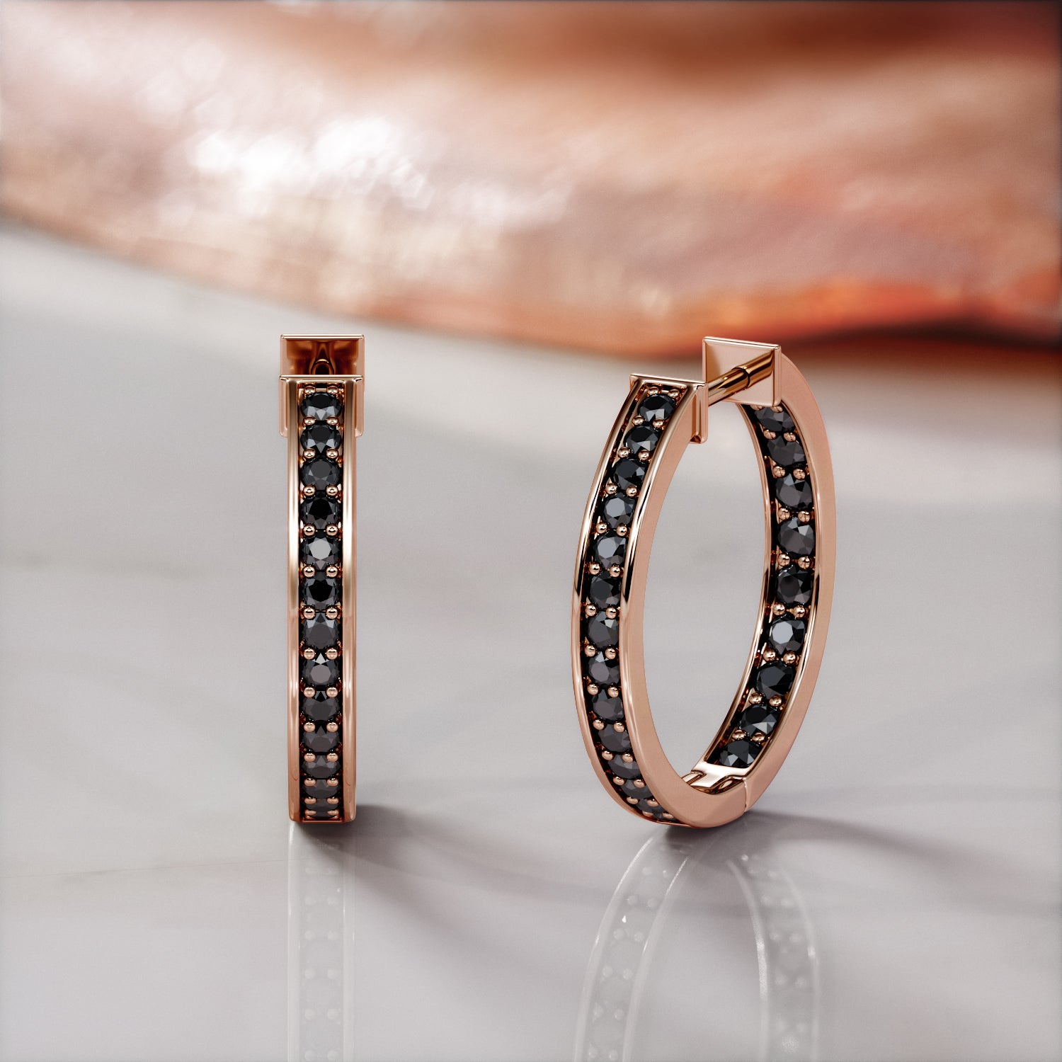 1 Carats black diamonds  Rose / Yellow Gold Earrings