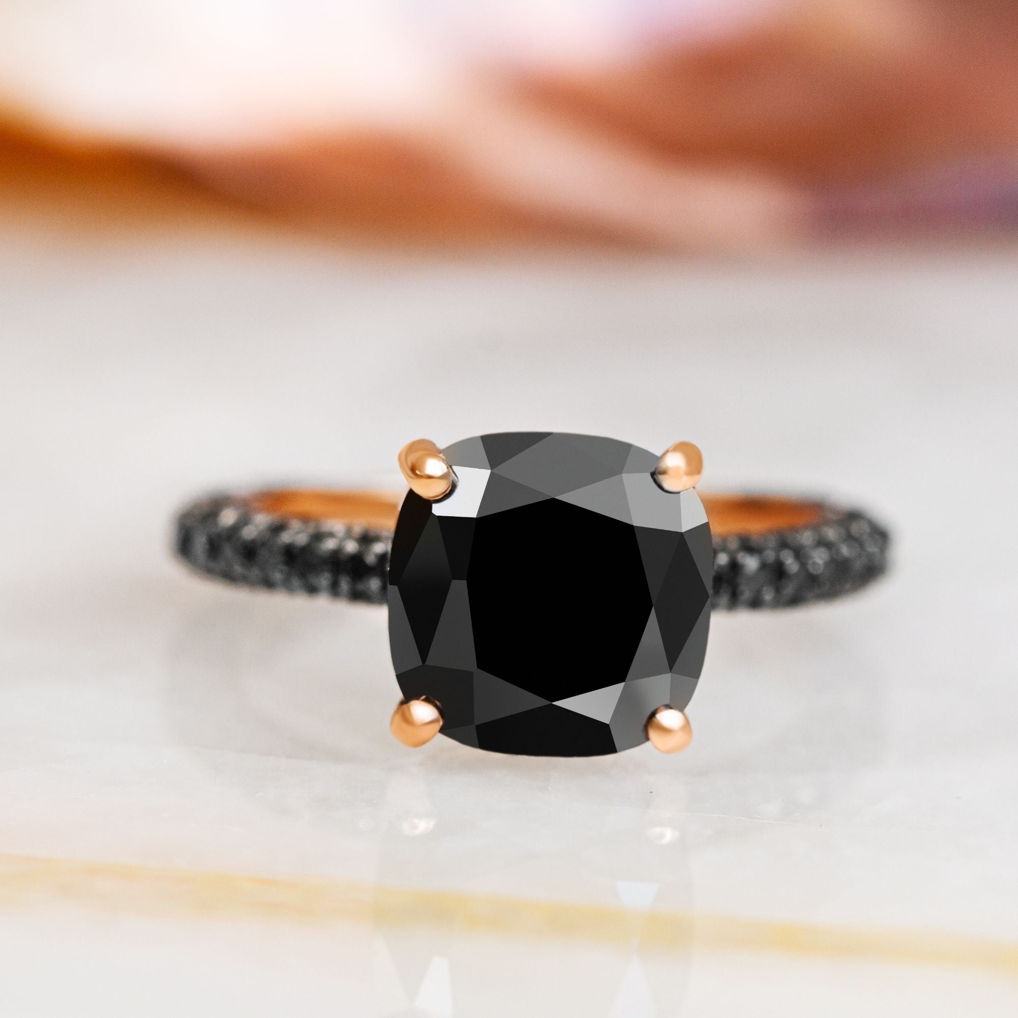 6.44 Carats Three-Sided Band Natural Black Diamond Cushion Engagement Ring