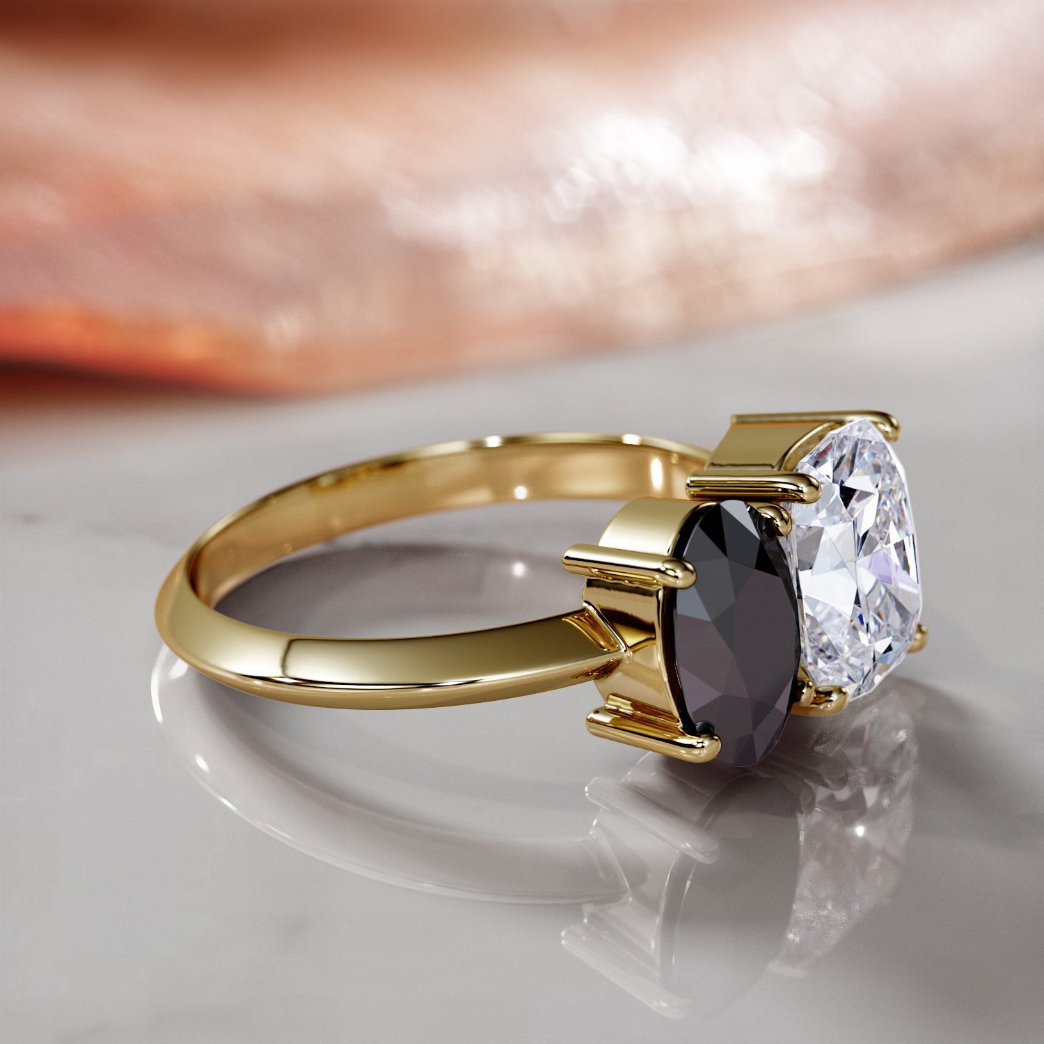 Two Stone Natural Black Diamond Oval Engagement Ring in Yellow Gold