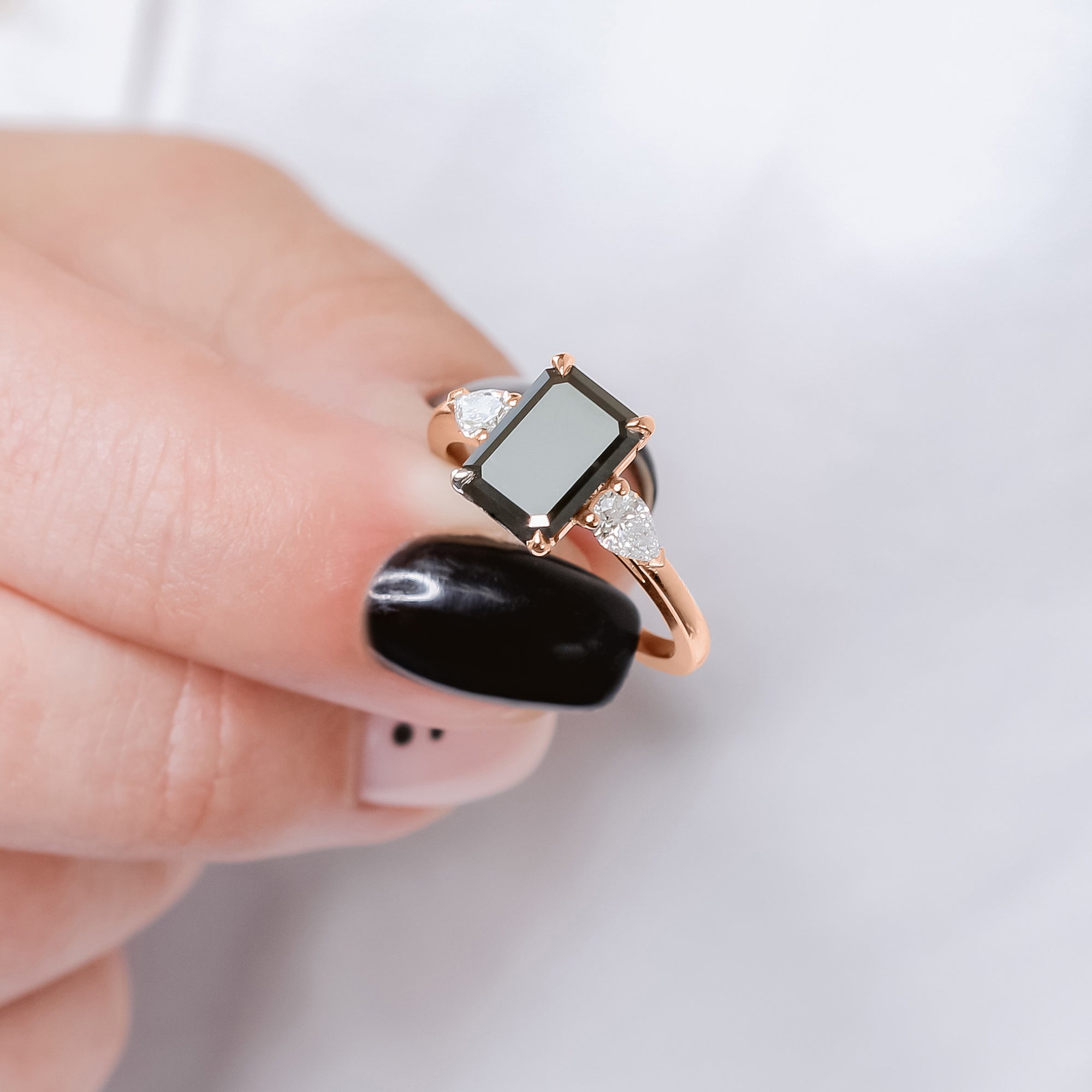Kamari Three Stone Black & White Natural Diamond Emerald Cut Engagement Ring