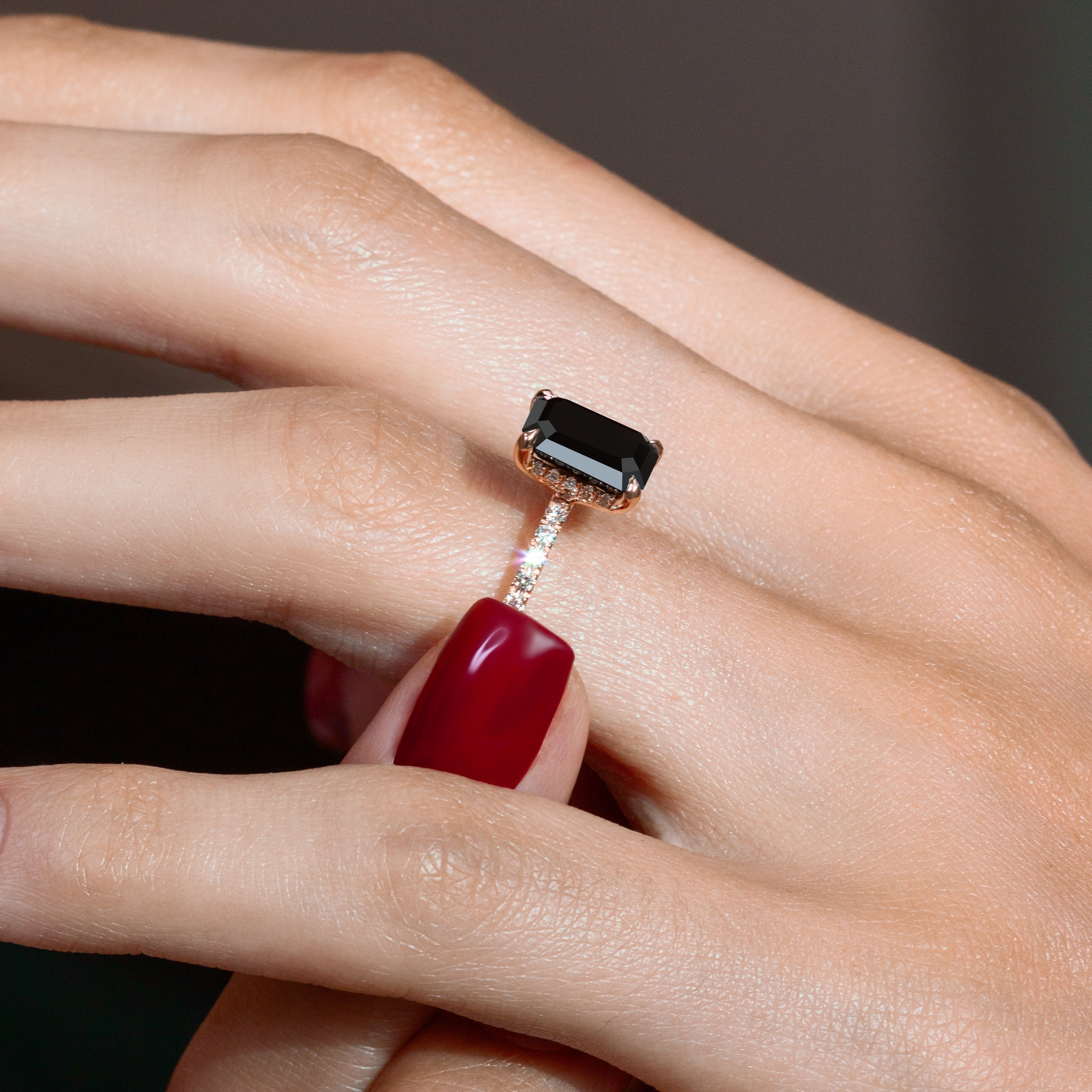 2.2 Carats  Natural Black Diamond Emerald Cut Engagement Ring