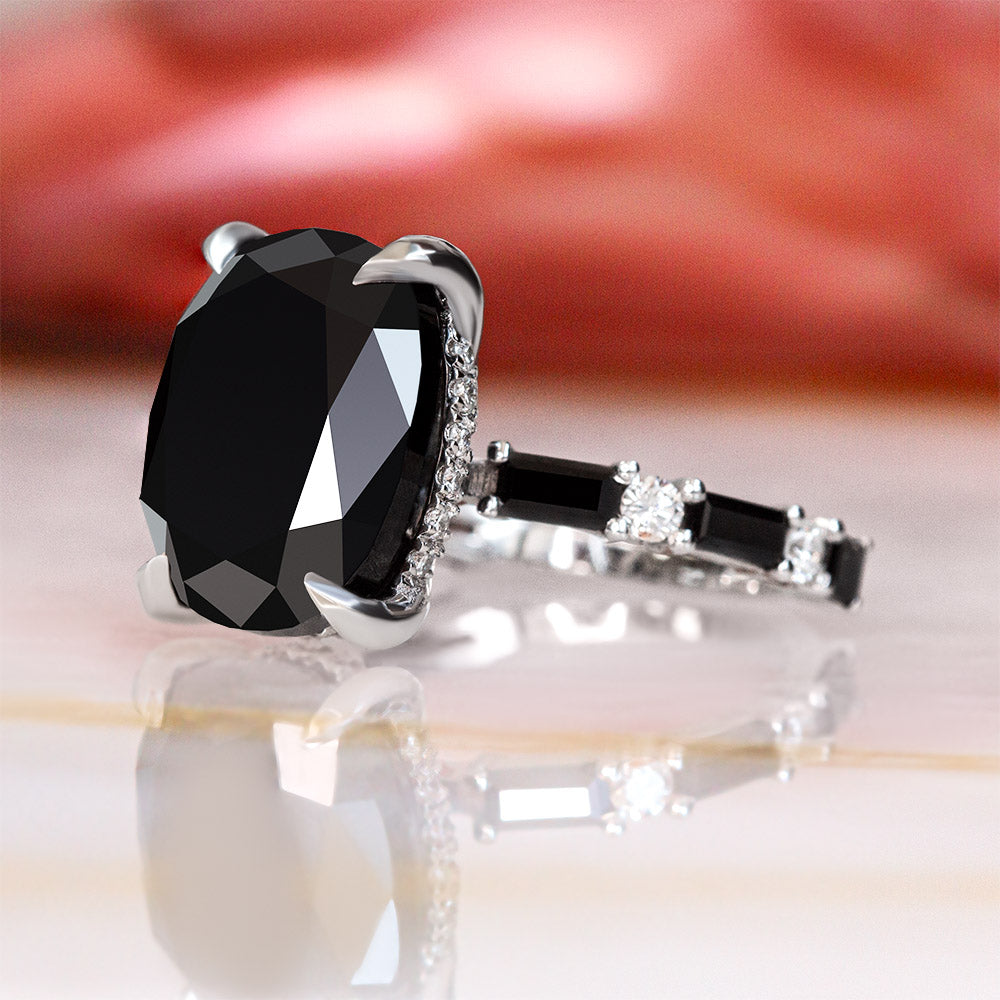 Art Deco  Natural Black Diamond Oval Engagement Ring
