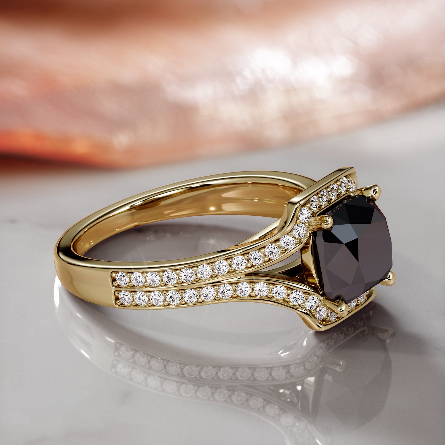 Deco  Natural Black Diamond Cushion Engagement Ring