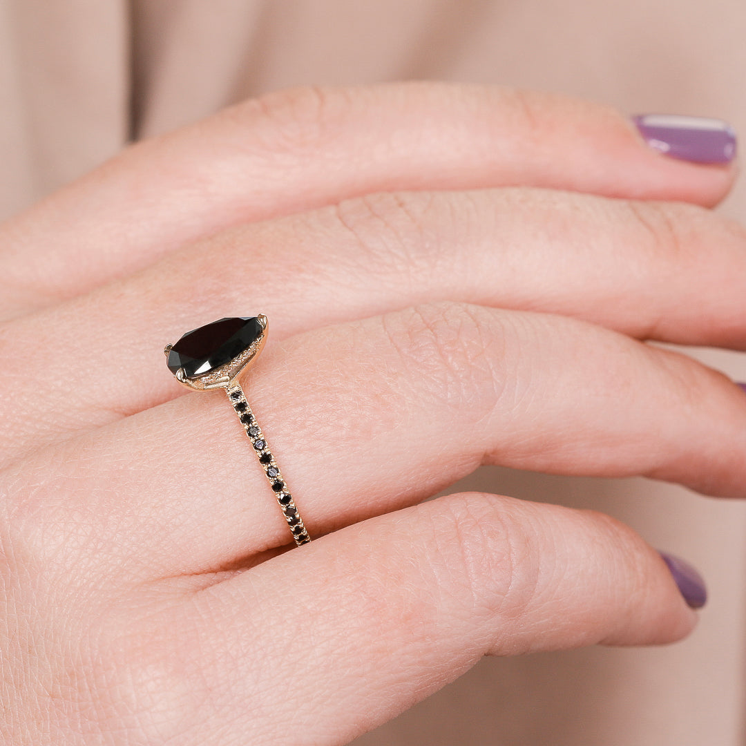Unique  Natural Black Diamond Pear Engagement Ring