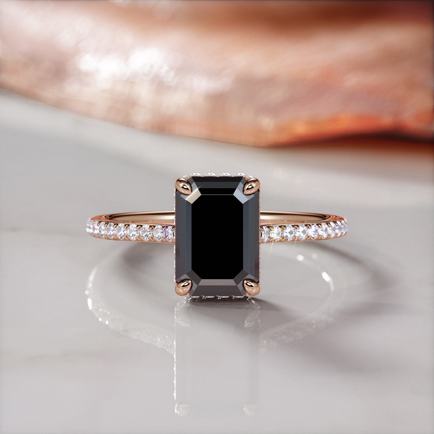 Art Deco  Natural Black Diamond Emerald Cut Engagement Ring
