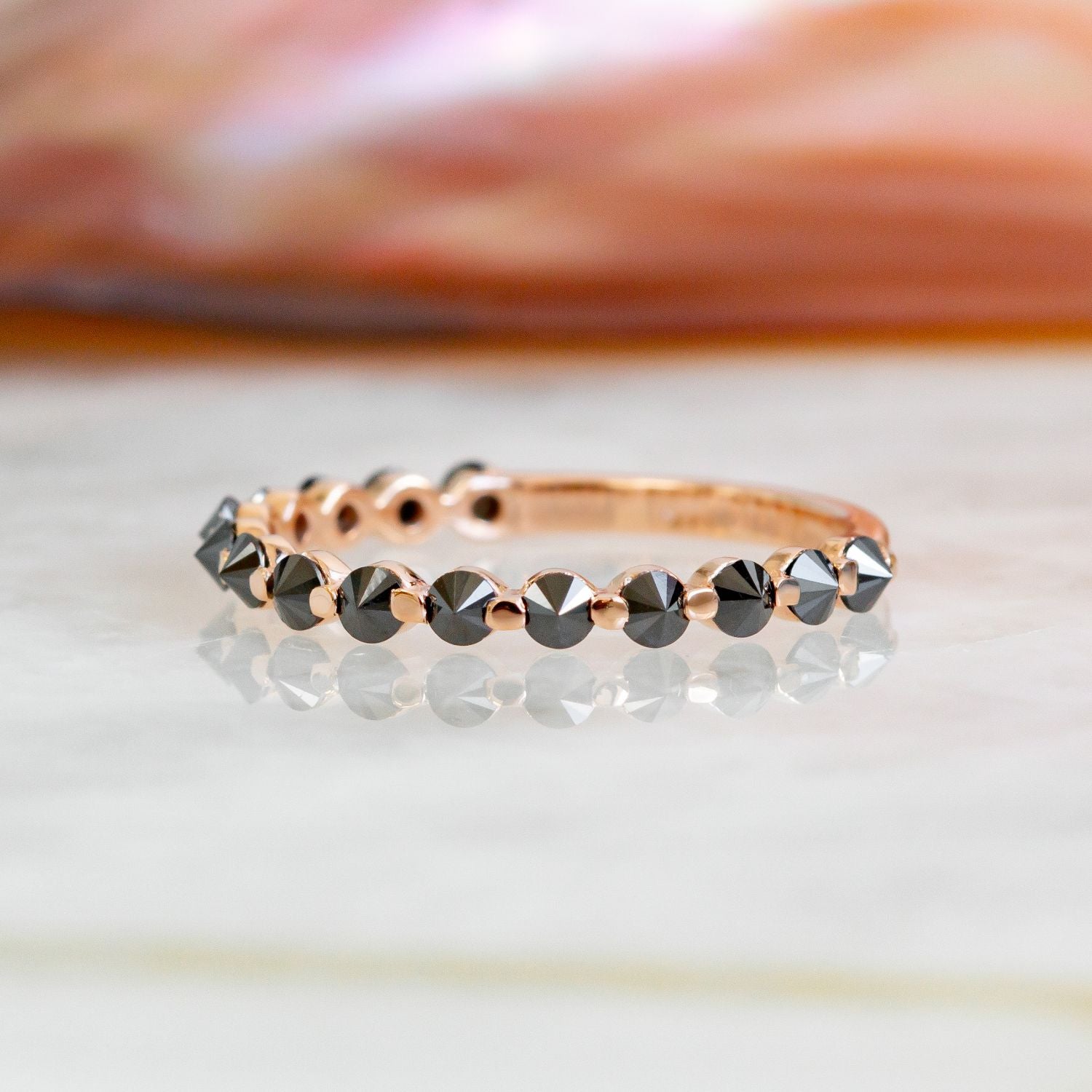 Unique Wedding Ring with Round Cut Natural Black Diamonds in Rose Gold