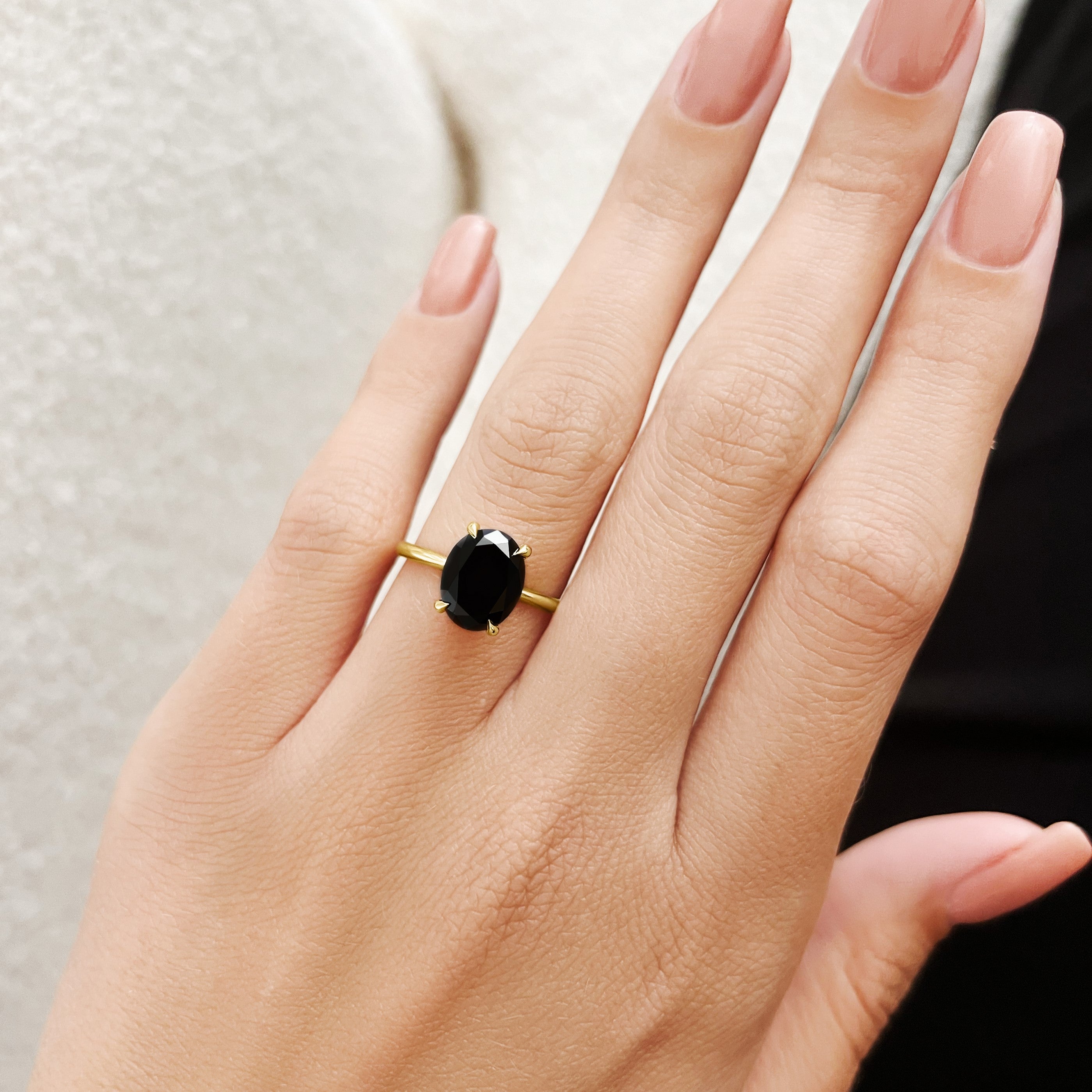 Solitaire Natural Black Diamond Oval Engagement Ring in Yellow Gold