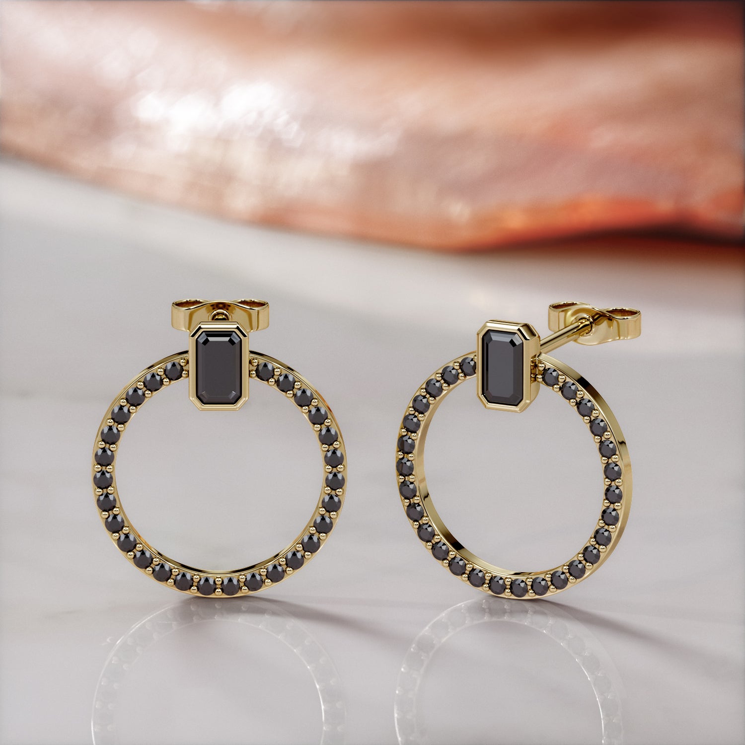 Bezel Natural Black Diamond Emerald Earrings